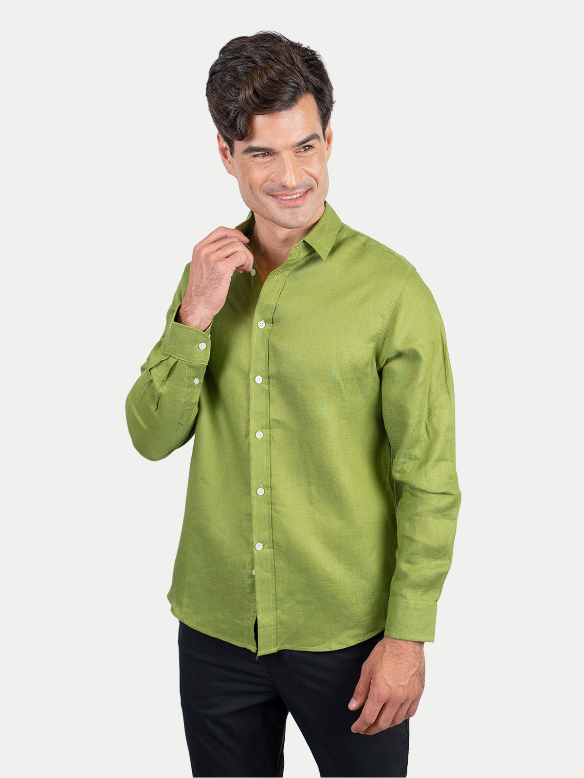 Camisa de Lino para Hombre 100% Lino Premium Verde Militar Manga L