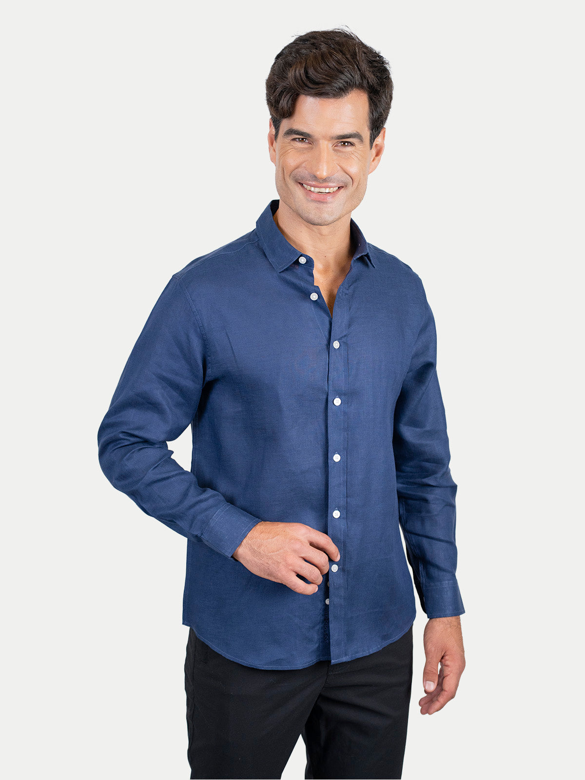 Camisa de Lino para Hombre 100% Lino Premium Azul Marino Manga Lar