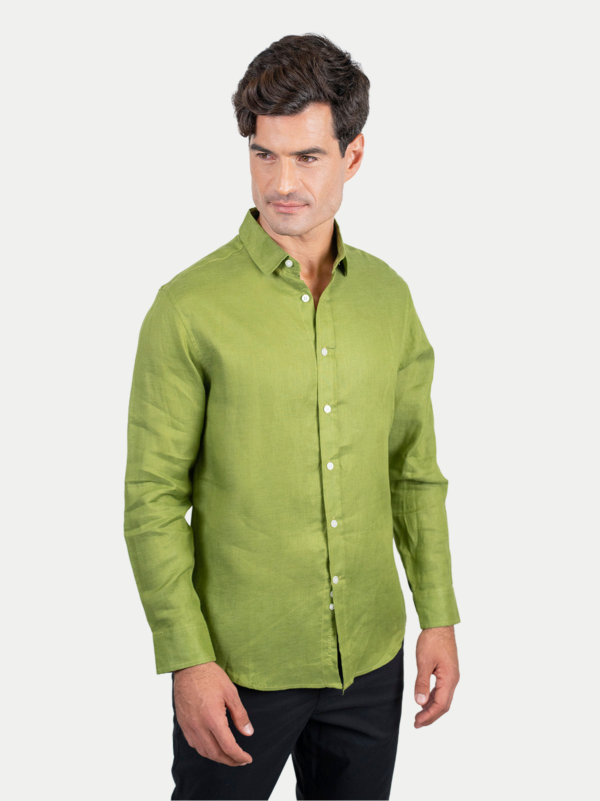 Camisa de Lino para Hombre - 100% Lino Premium Verde Militar - Manga Larga