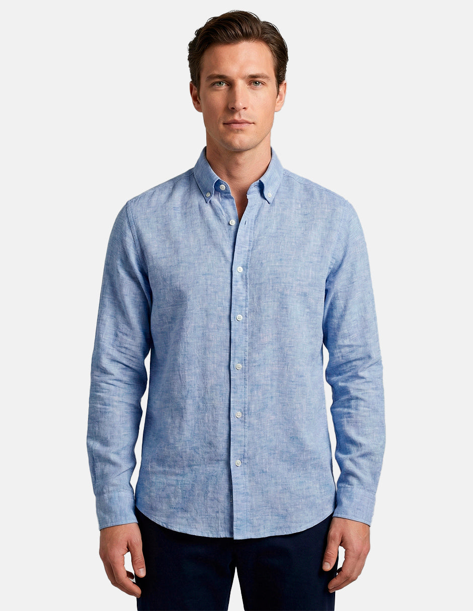Camisa de Lino Look para Hombre - Light Blue Manga Larga