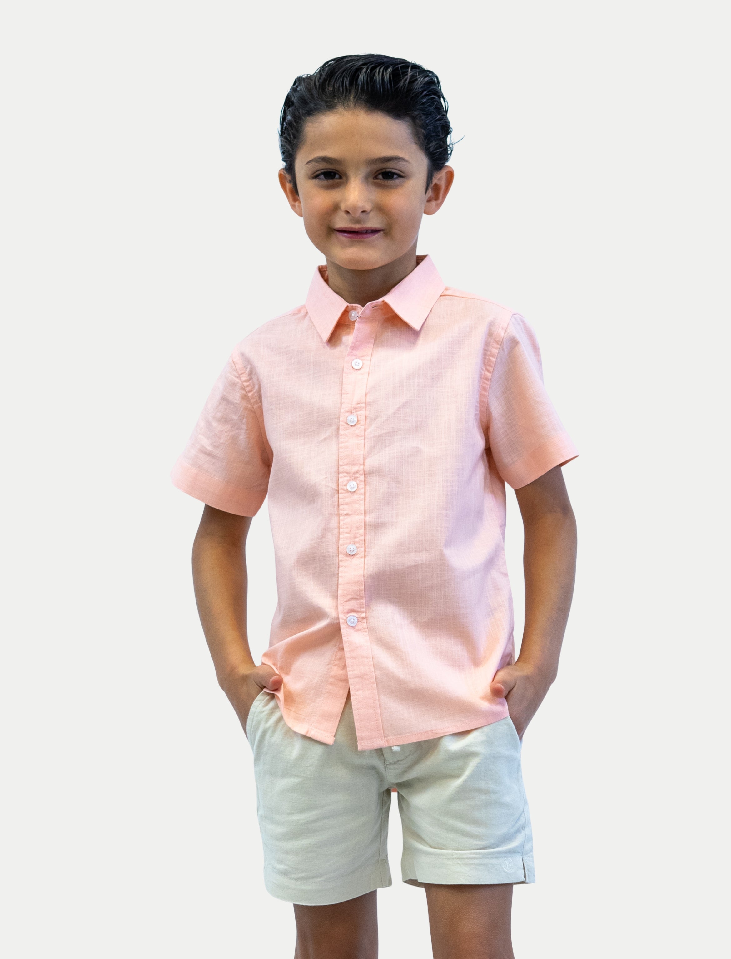 Camisa durazno para niño en algodón slub vista de frente