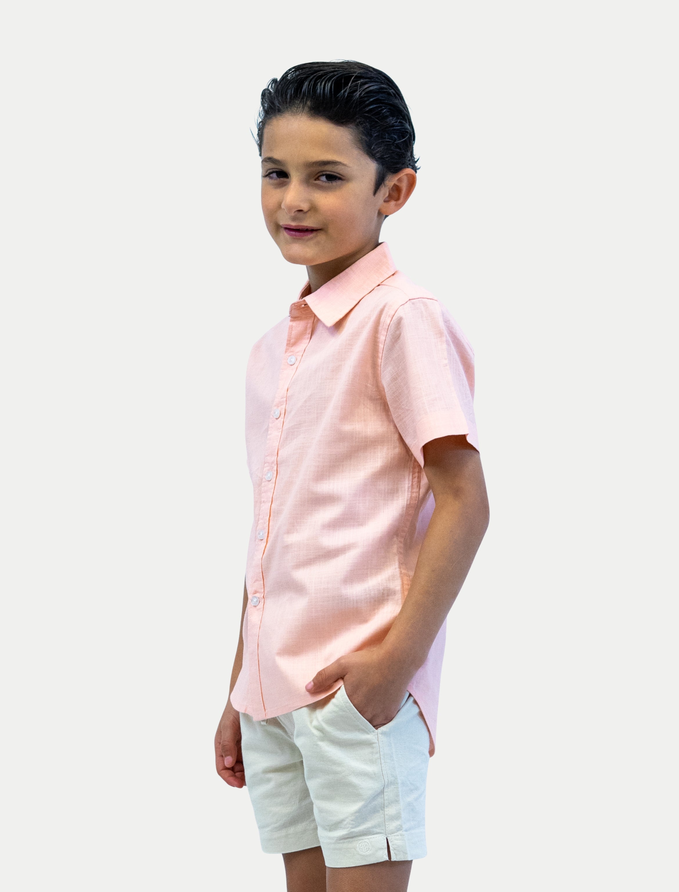 Camisa durazno para niño en algodón slub vista de lado