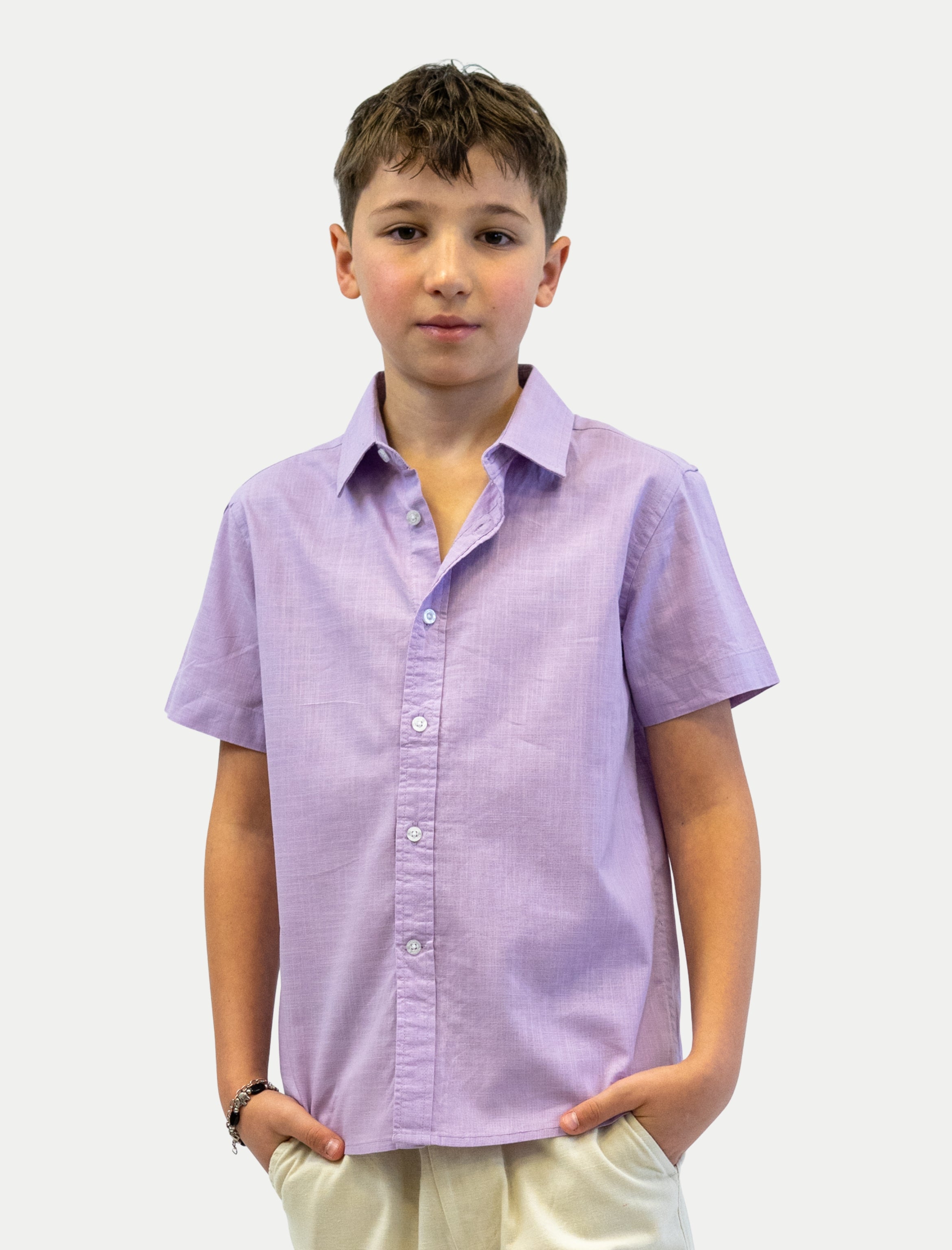 Camisa lila para niño en algodón slub vista de frente