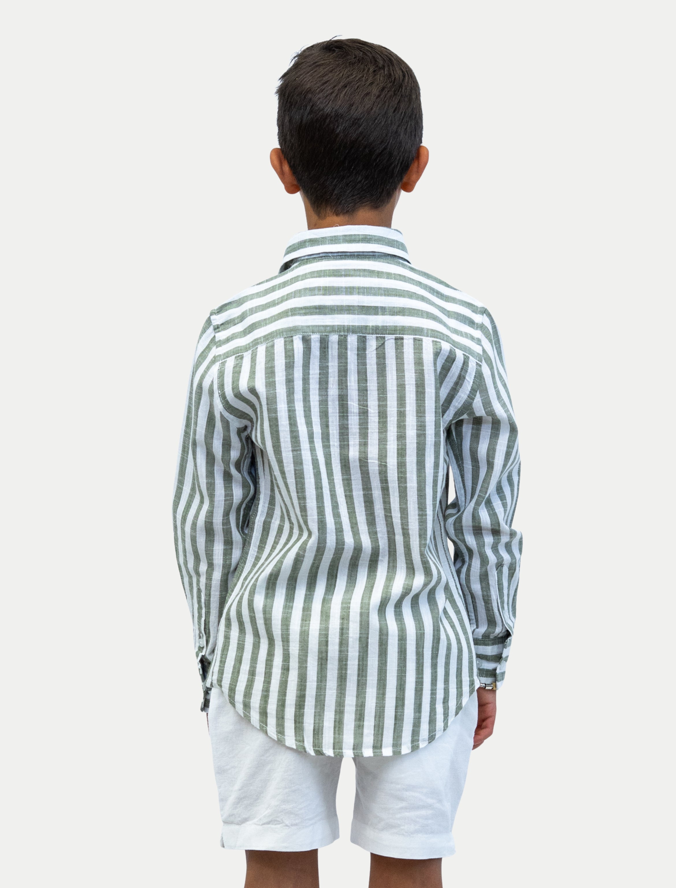 Camisa rayada olivo de niño en algodón slub vista de espalda