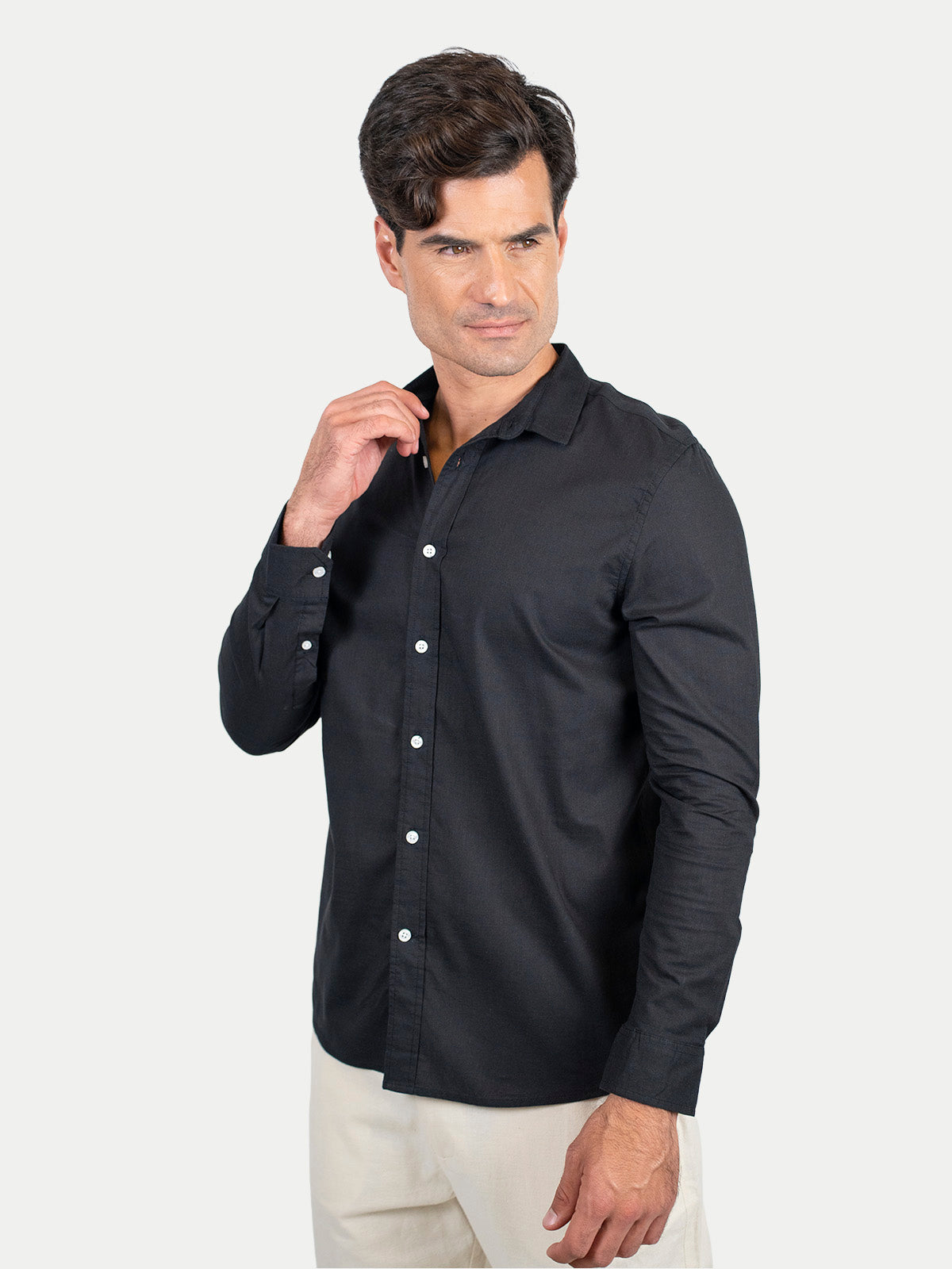 Cotton Slub - Camisa de algodón manga larga Cotton Slub para hombre color Negro