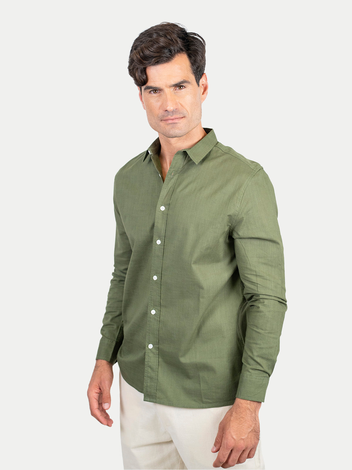 Cotton Slub - Camisa de algodón manga larga Cotton Slub para hombre color Olivo