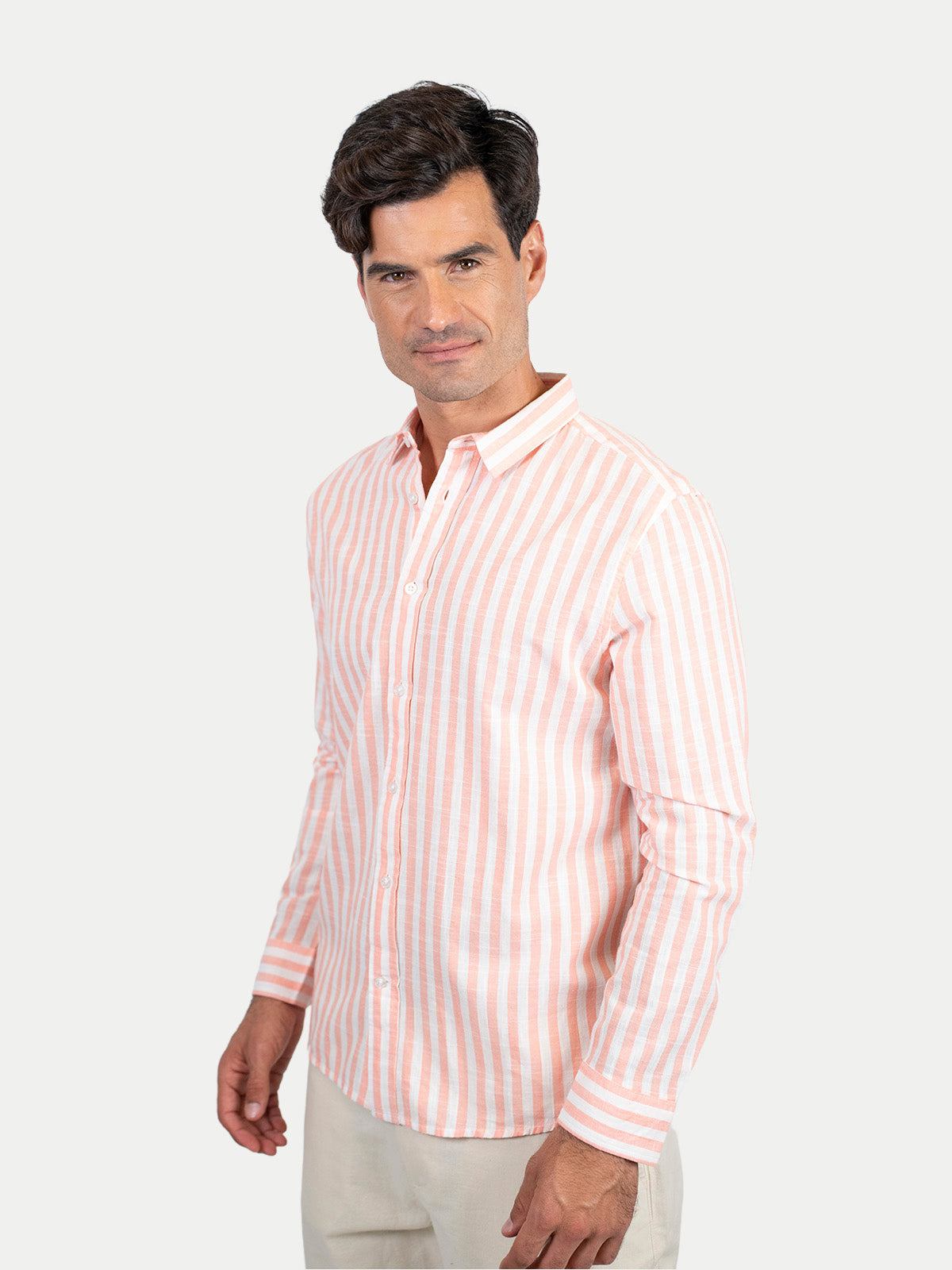Cotton Slub - Camisa de algodón rayada manga larga Cotton Slub para hombre color Durazno