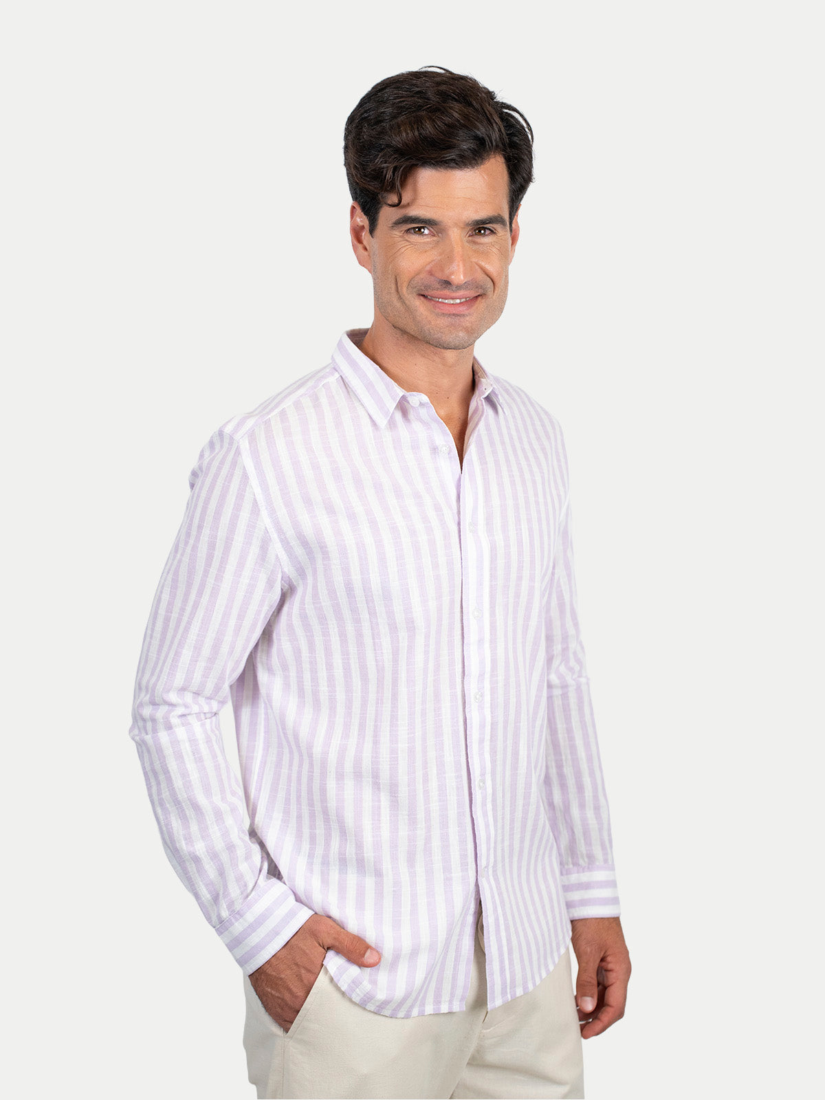 Cotton Slub - Camisa de algodón rayada manga larga Cotton Slub para hombre color Lila