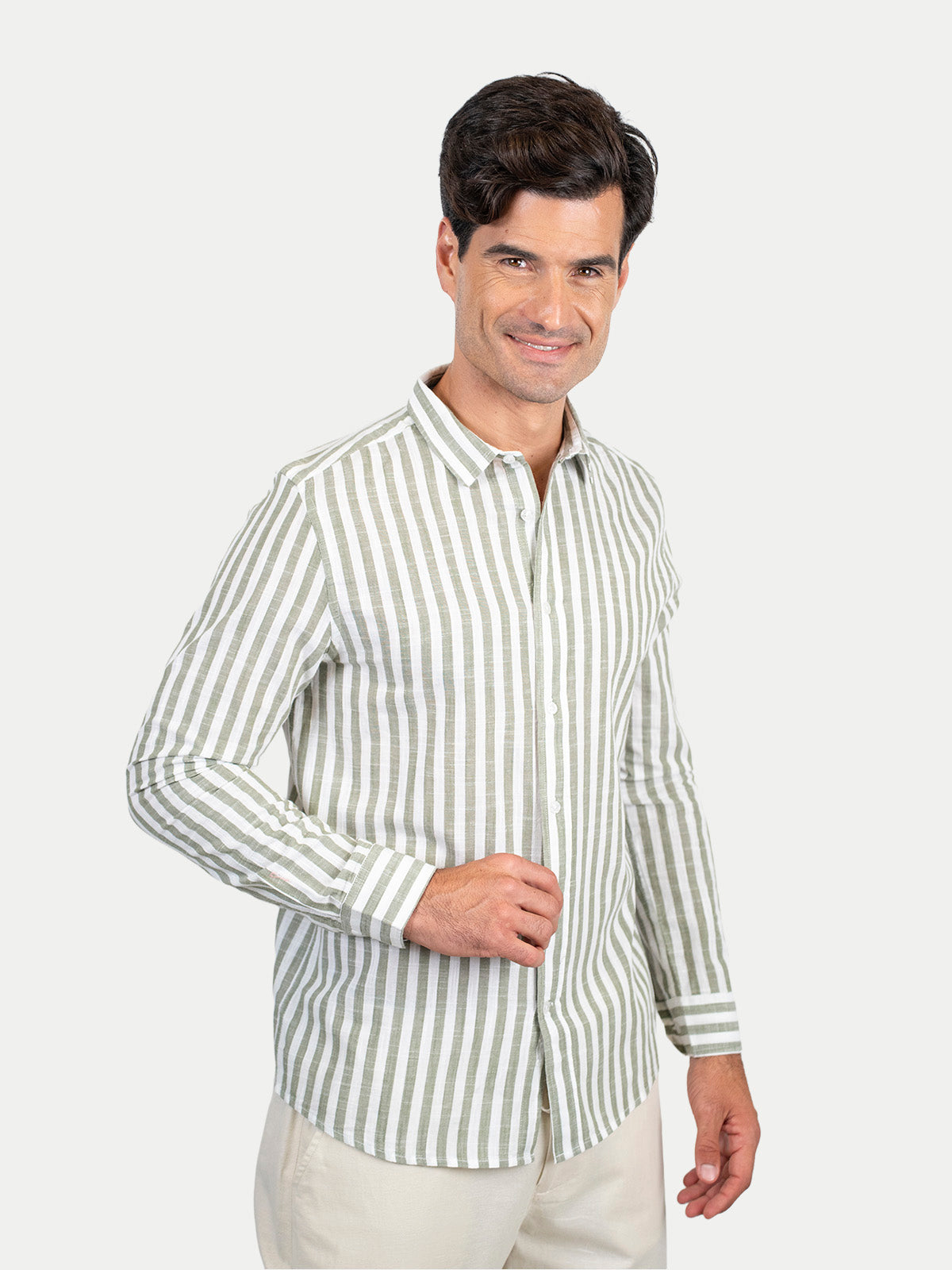 Cotton Slub - Camisa de algodón rayada manga larga Cotton Slub para hombre color Olivo