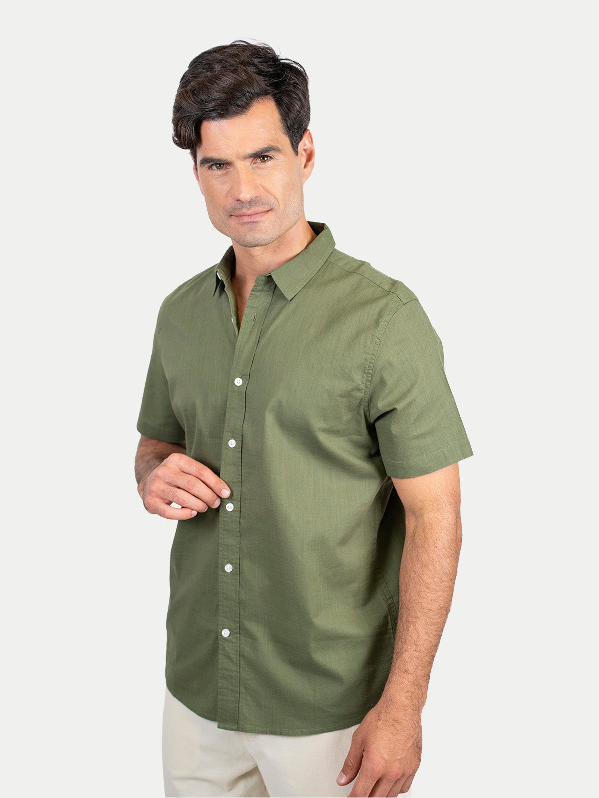 Cotton Slub - Camisa de algodón manga corta Cotton Slub para hombre color Olivo
