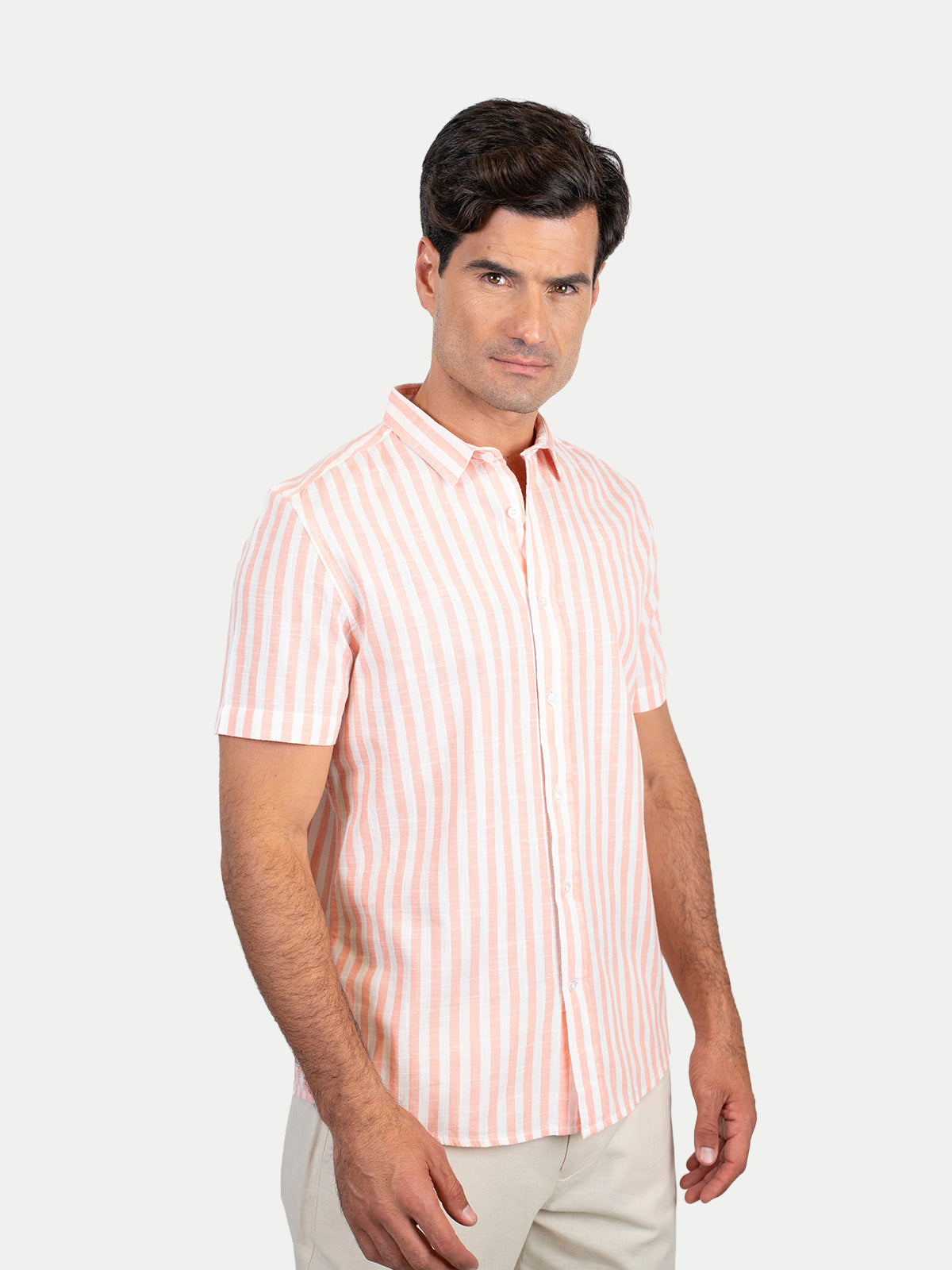 Cotton Slub - Camisa de algodón rayada manga corta Cotton Slub para hombre color Durazno