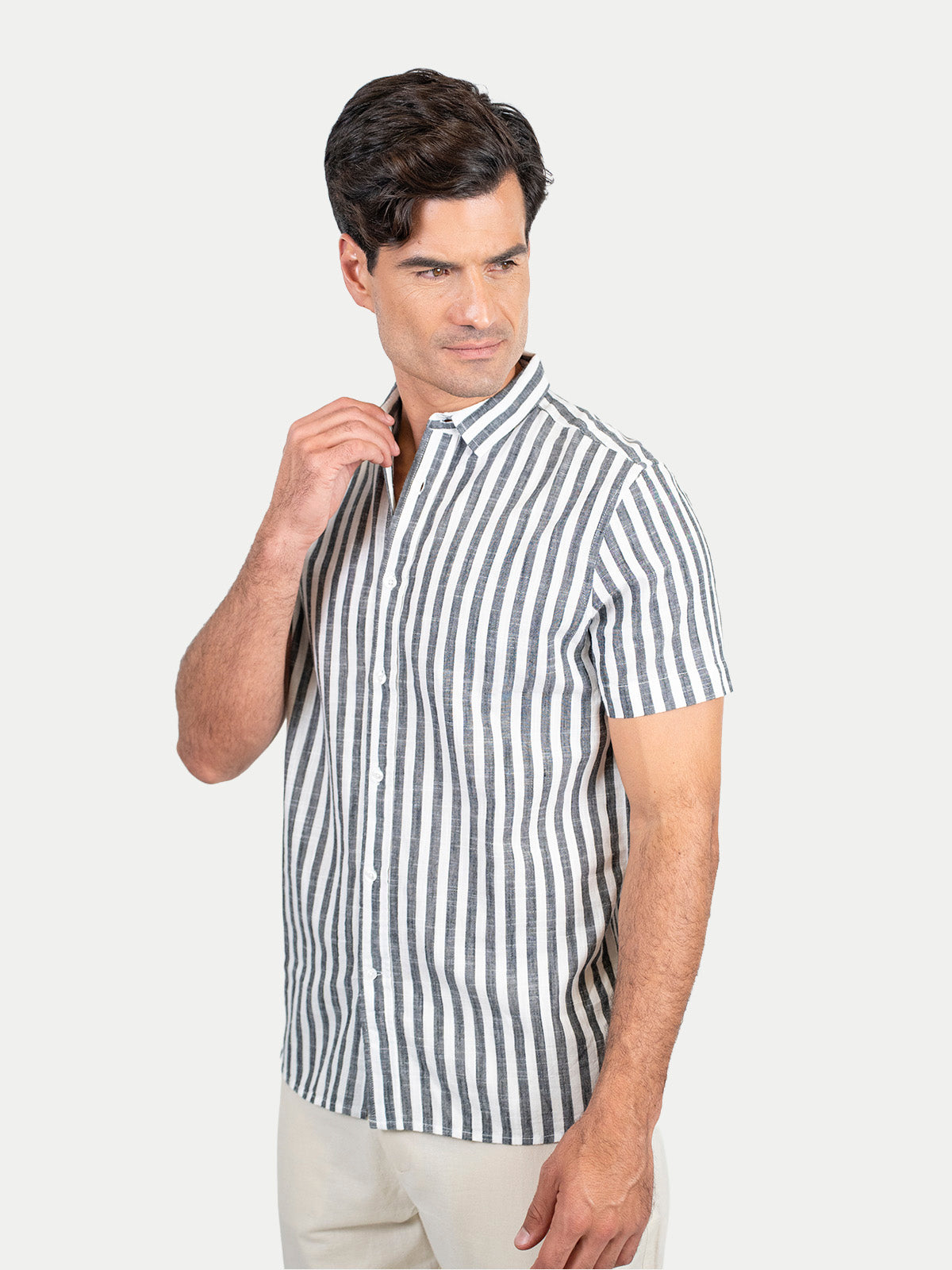 Cotton Slub - Camisa de algodón rayada manga corta Cotton Slub para hombre color Negro