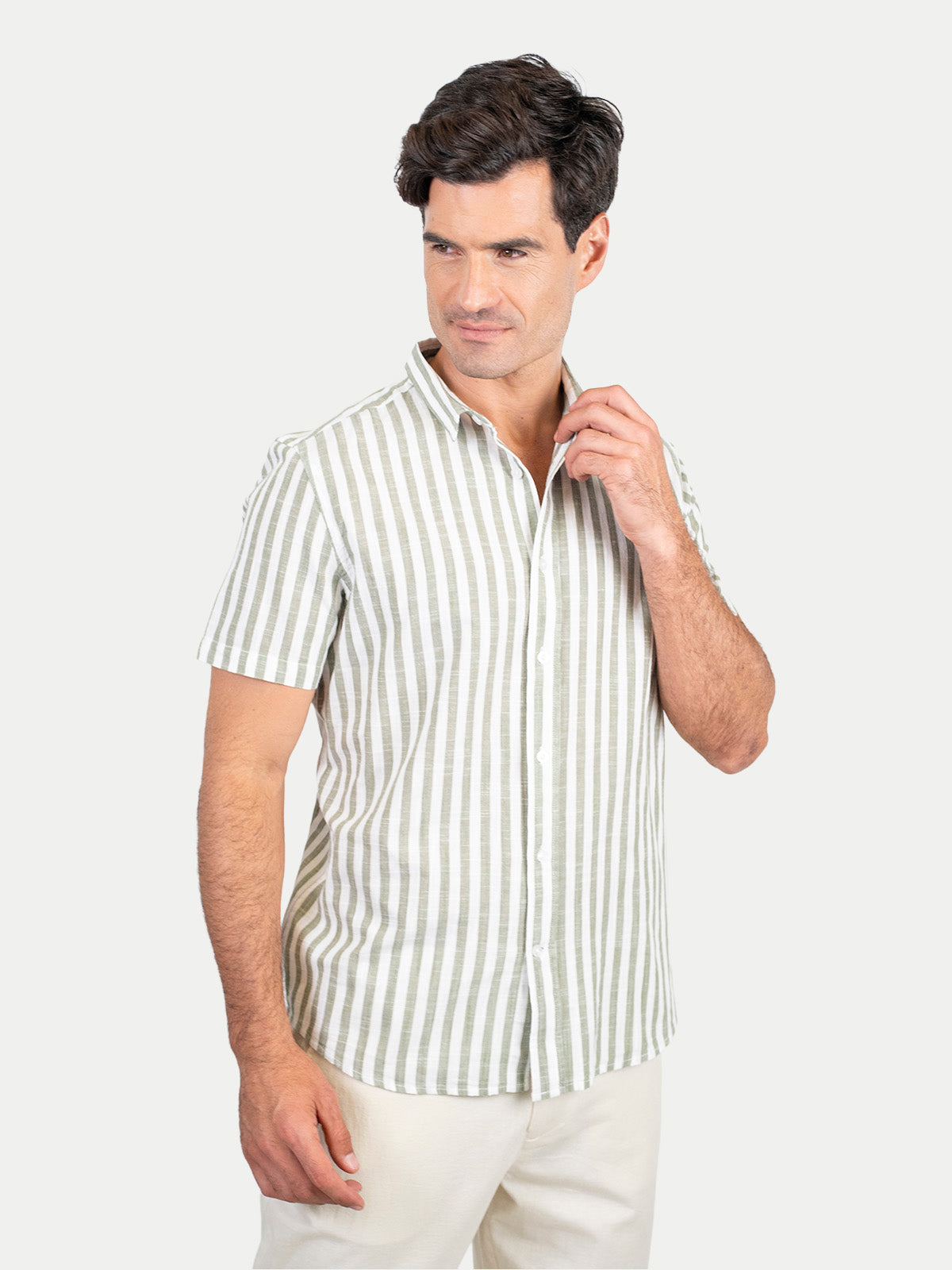 Cotton Slub - Camisa de algodón rayada manga corta Cotton Slub para hombre color Olivo