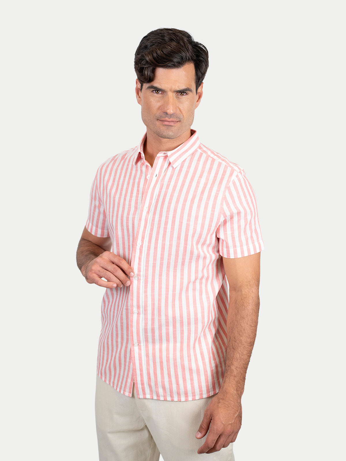 Cotton Slub - Camisa de algodón rayada manga corta Cotton Slub para hombre color Rosa