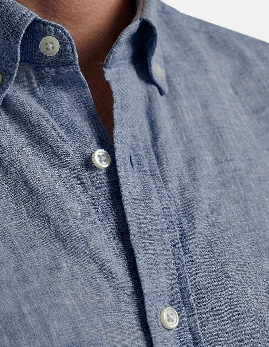 Camisa de Lino Look para Hombre - Navy Manga Larga