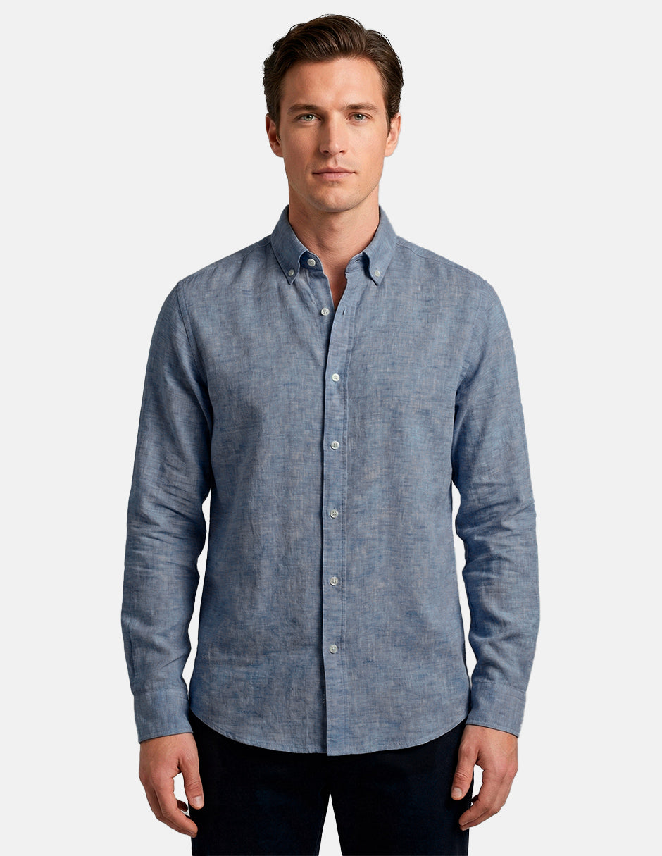 Camisa de Lino Look para Hombre - Navy Manga Larga