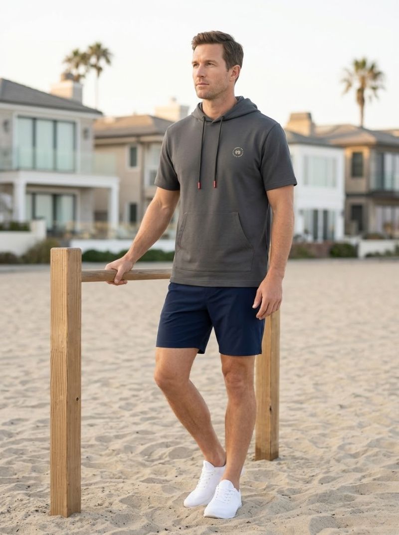 French Terry - Hoodie Para Hombre Manga Corta Color Gris - Coastal Crush
