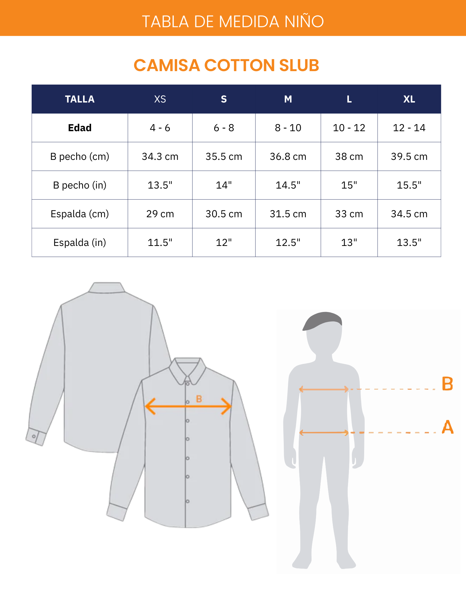 Guia de medidas de camisa niño en algodón slub o cotton slub