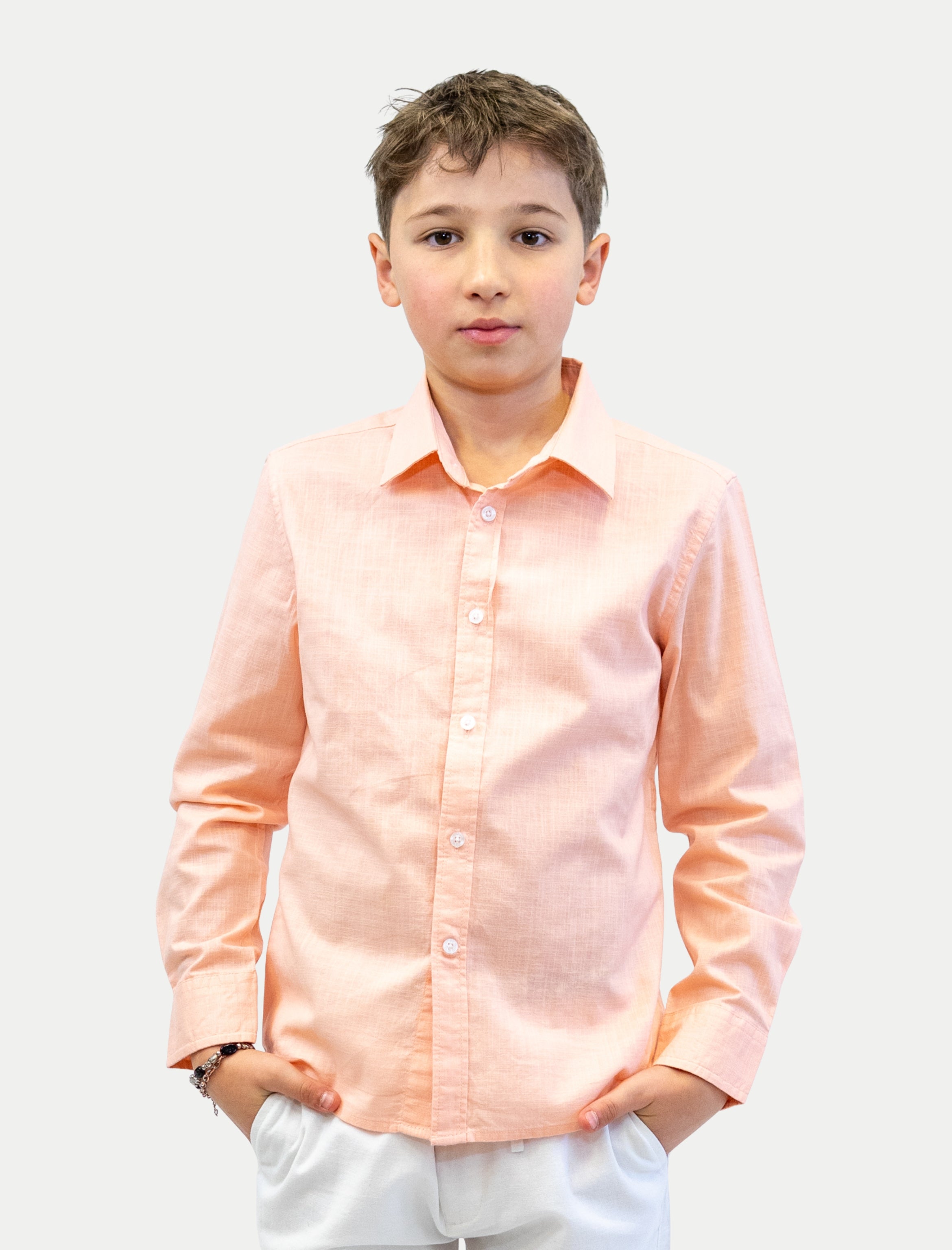 Camisa durazno para niño en algodón slub vista de frente