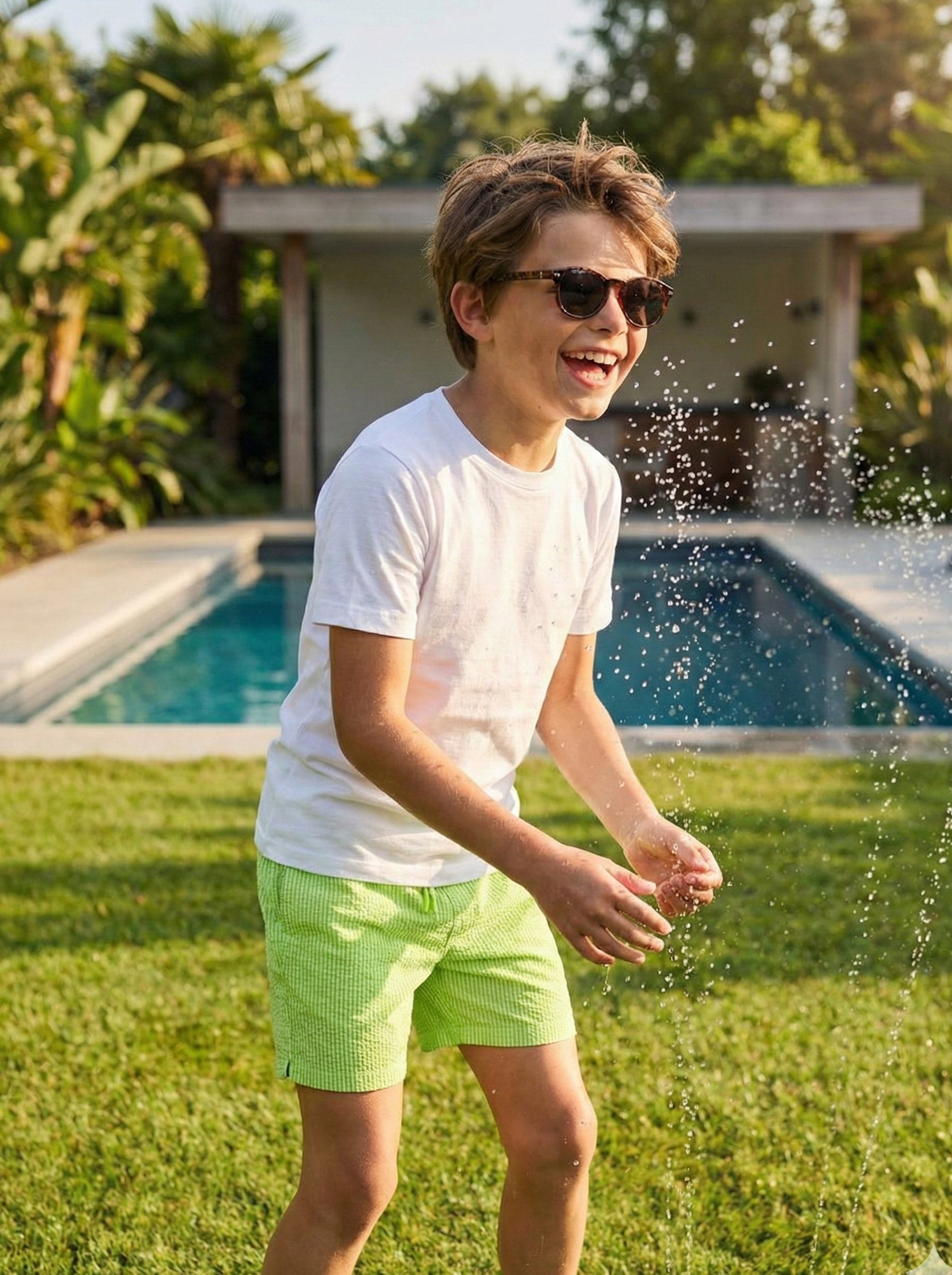 Traje de baño Waterline para niño en uso, playa o alberca, color verde