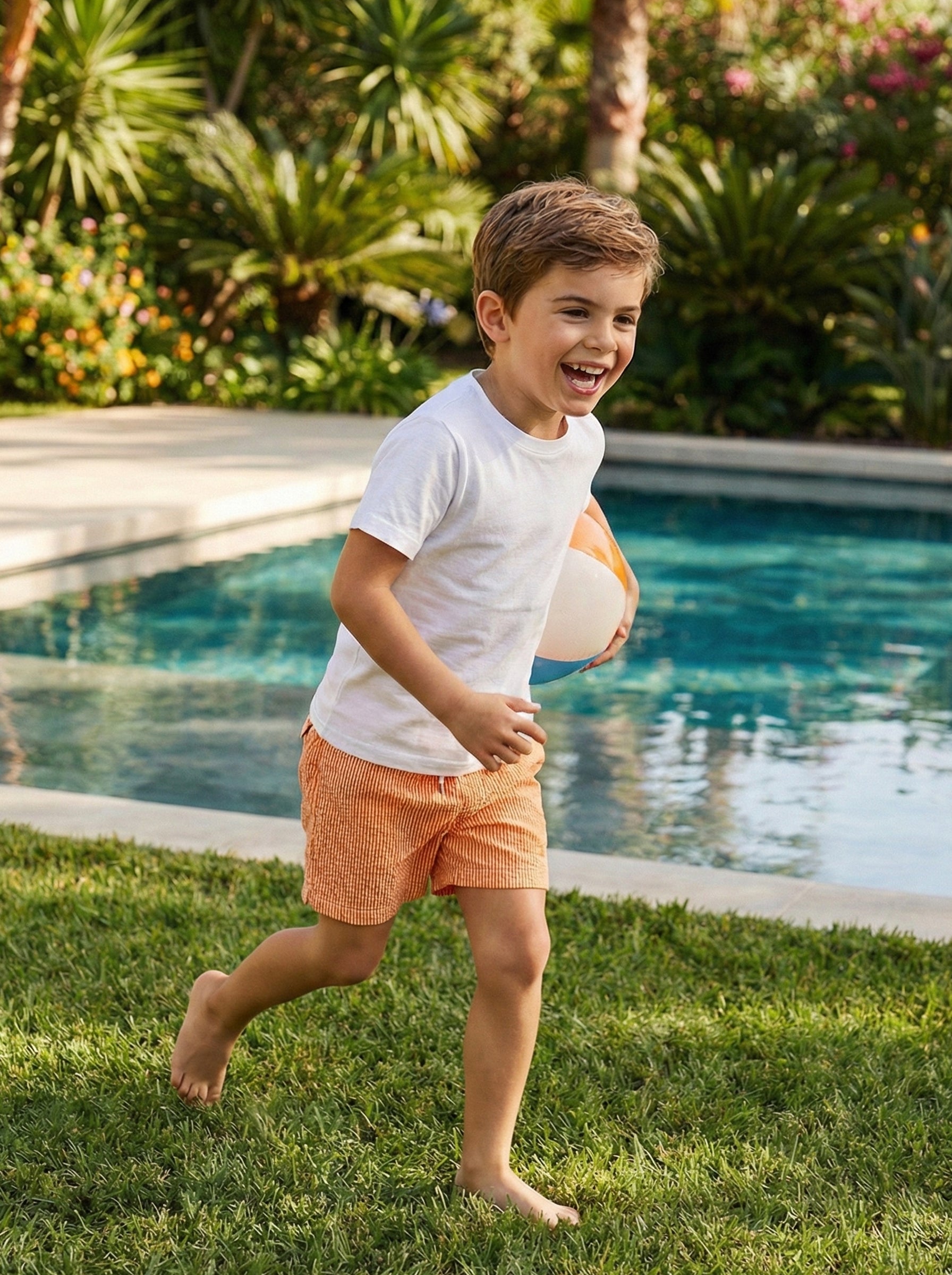 Traje de baño Waterline para niño naranja, en uso, playa o alberca