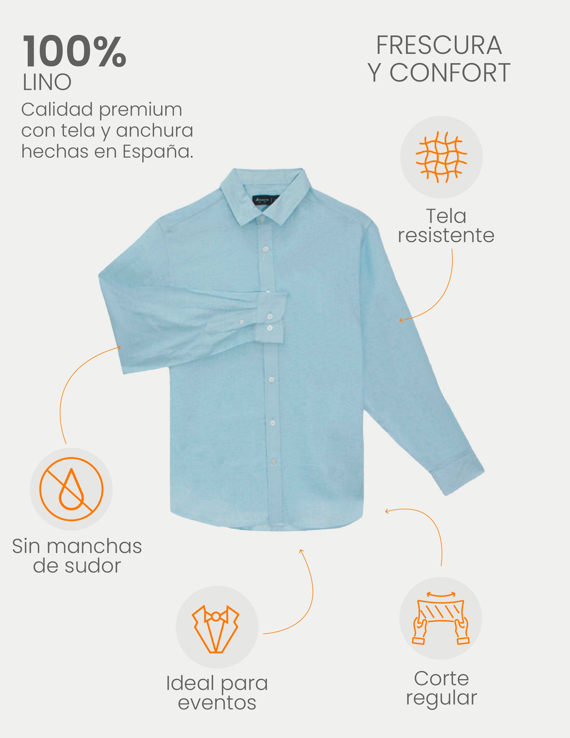 Camisa de Lino para Hombre - 100% Lino Premium Celeste - Manga Larga