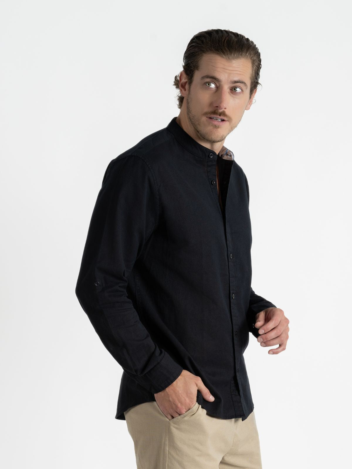 Camisa para hombre adulto Manga Larga Cuello - Mao Negro - Pura Vida