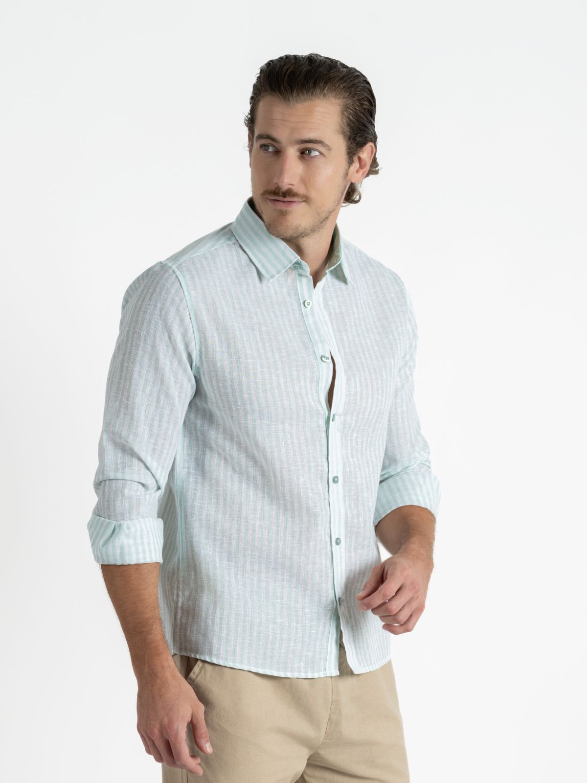 Camisa para hombre adulto Manga Larga - Super Linen Rayada Menta / Blanco - Pura Vida