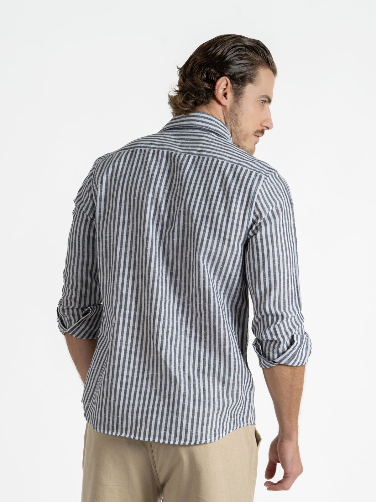 Camisa para hombre adulto Manga Larga - Super Linen Rayada Negro / Blanco - Pura Vida