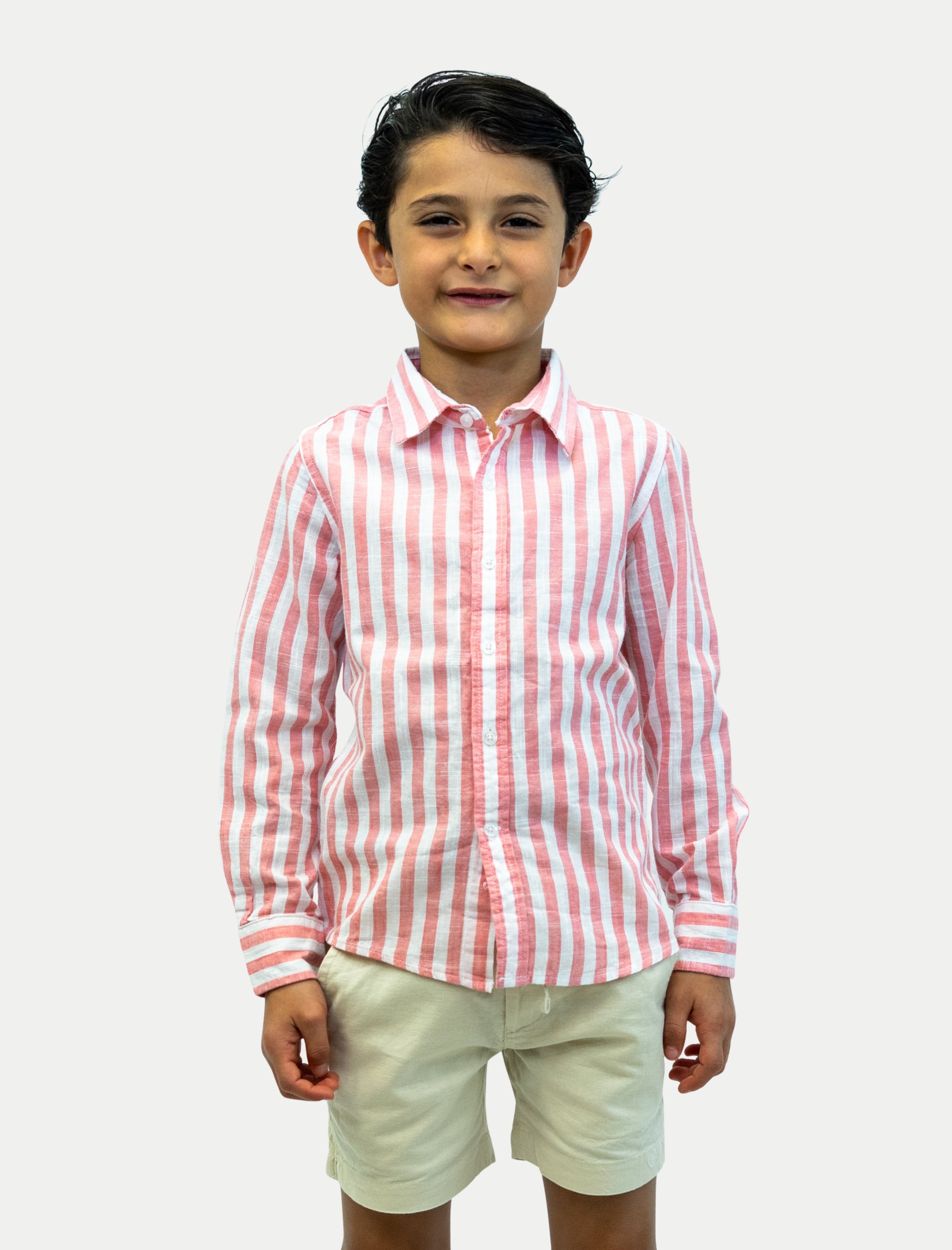 Camisa rayada durazno de niño en algodón slub vista de frente