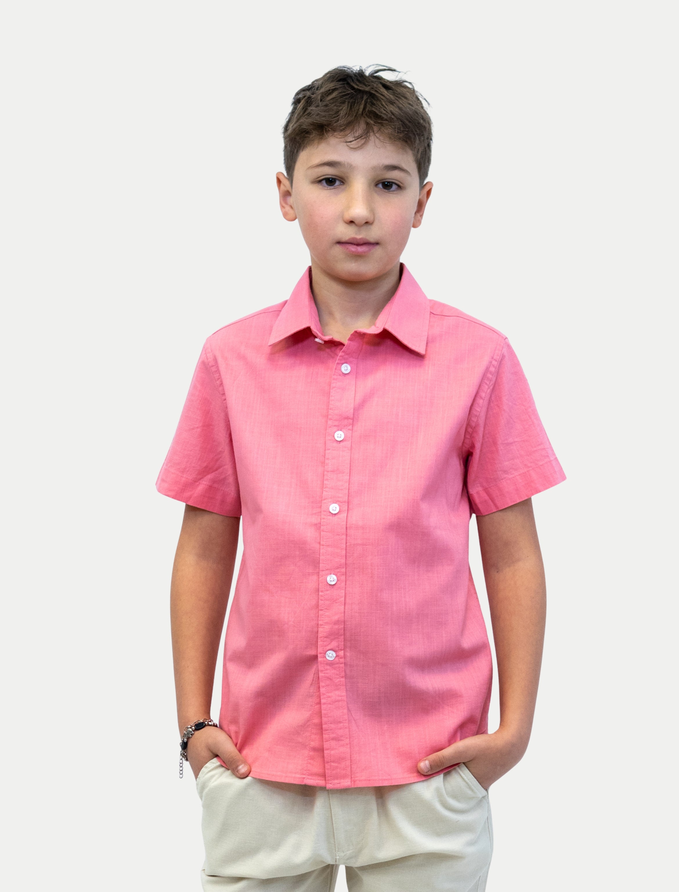Camisa rosa para niño en algodón slub vista de frente