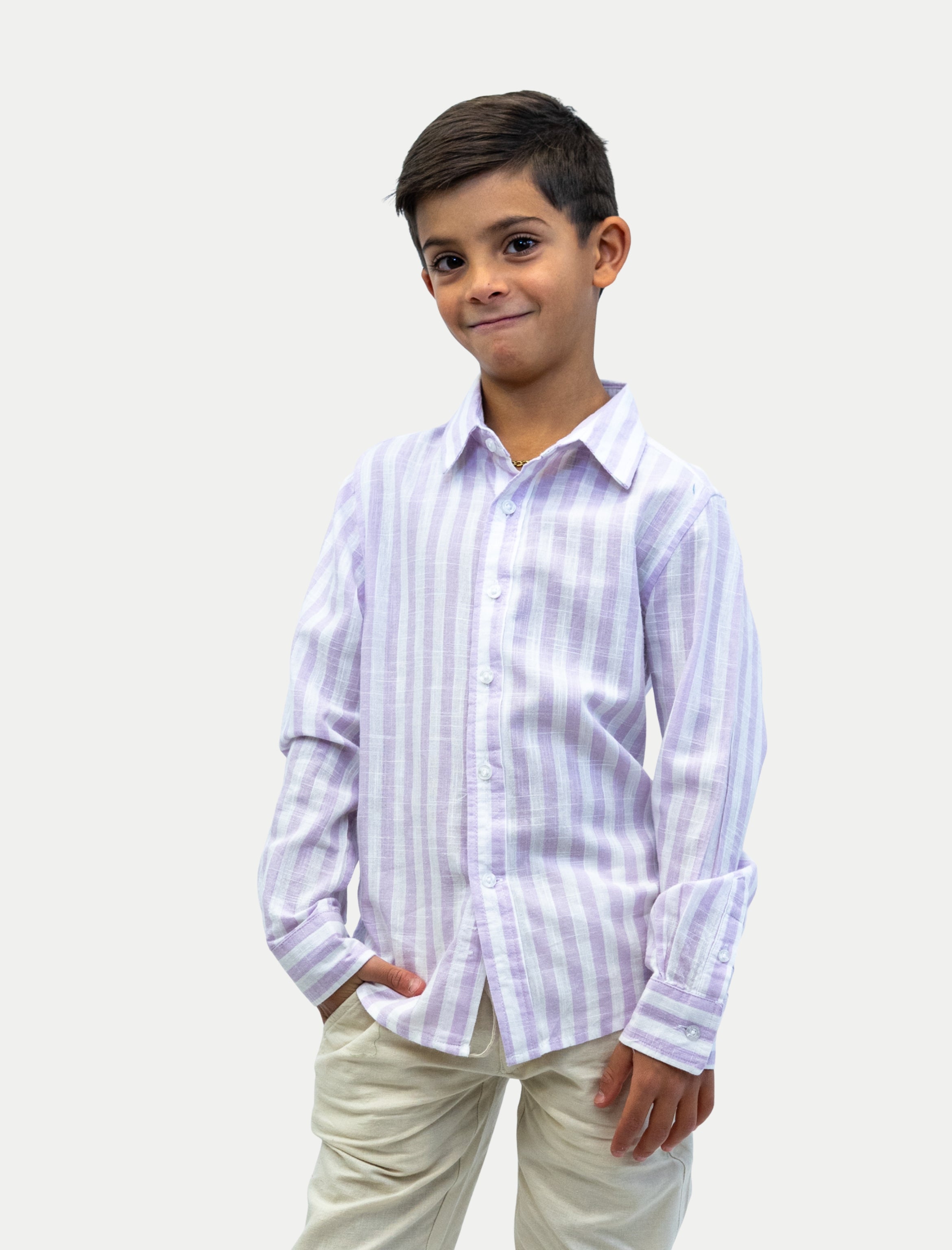 Camisa rayada lila de niño en algodón slub vista de frente