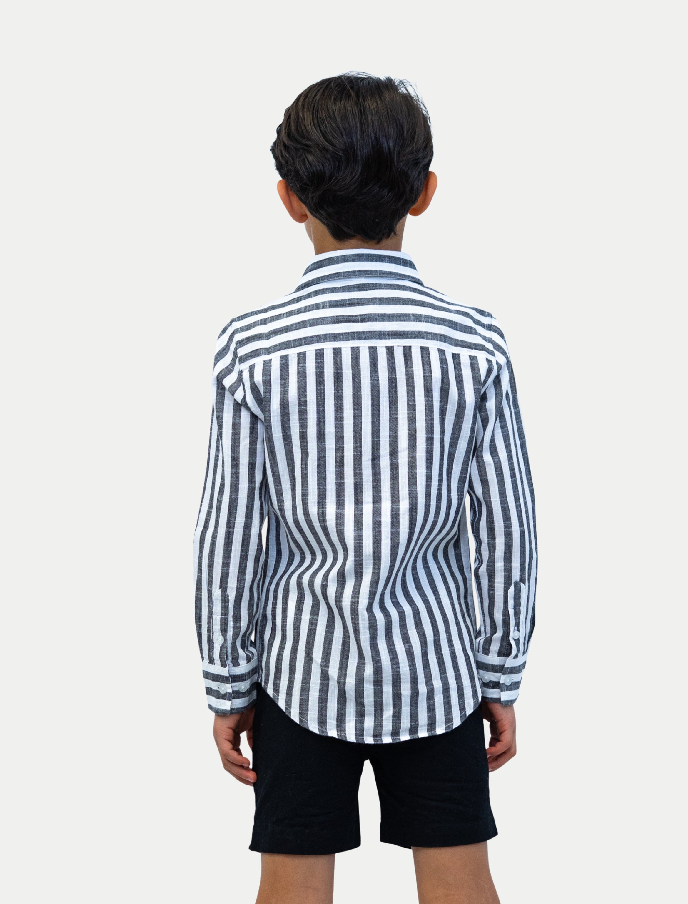 Camisa rayada negro de niño en algodón slub vista de espalda