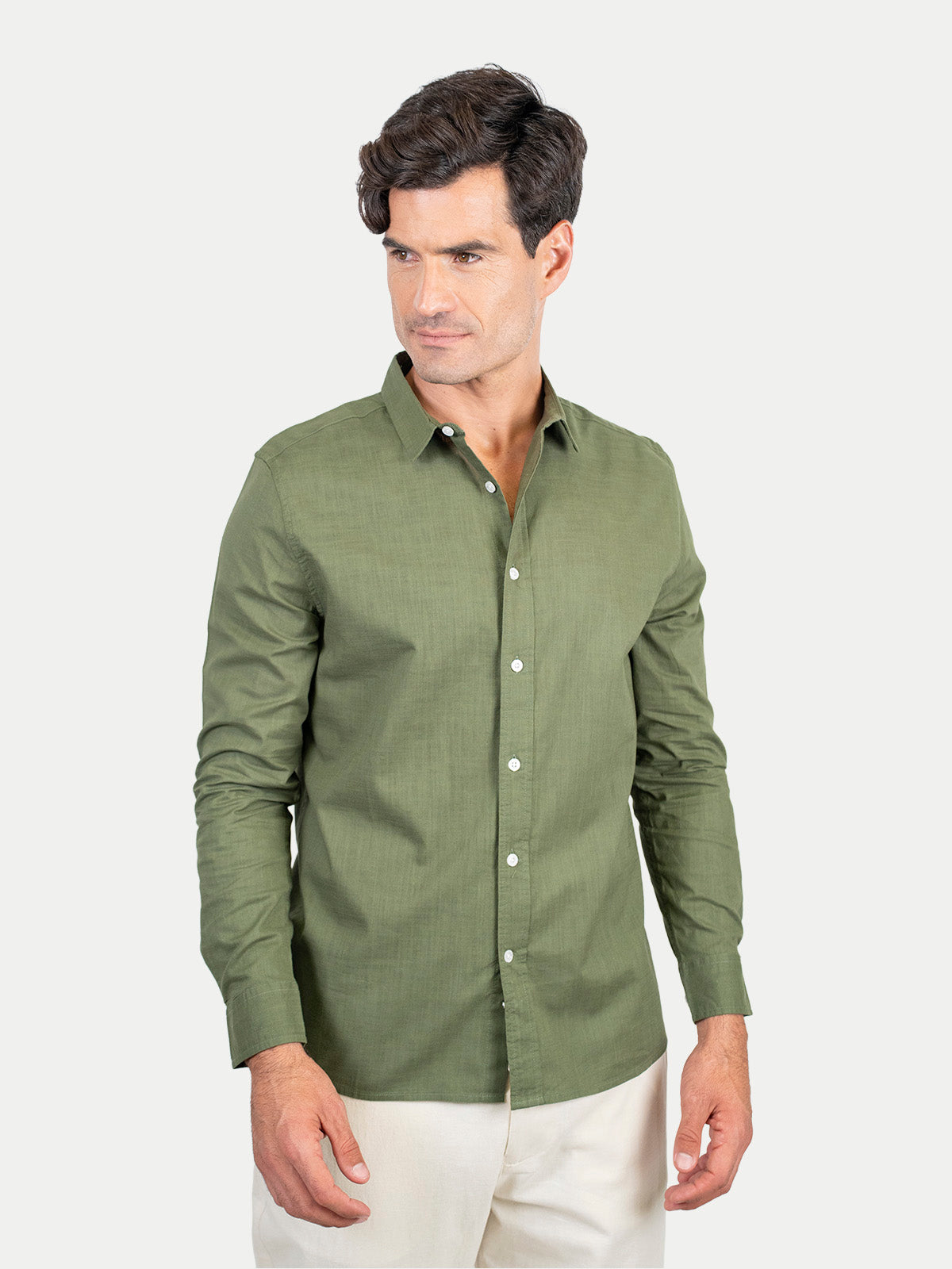 Cotton Slub - Camisa de algodón manga larga Cotton Slub para hombre color Olivo
