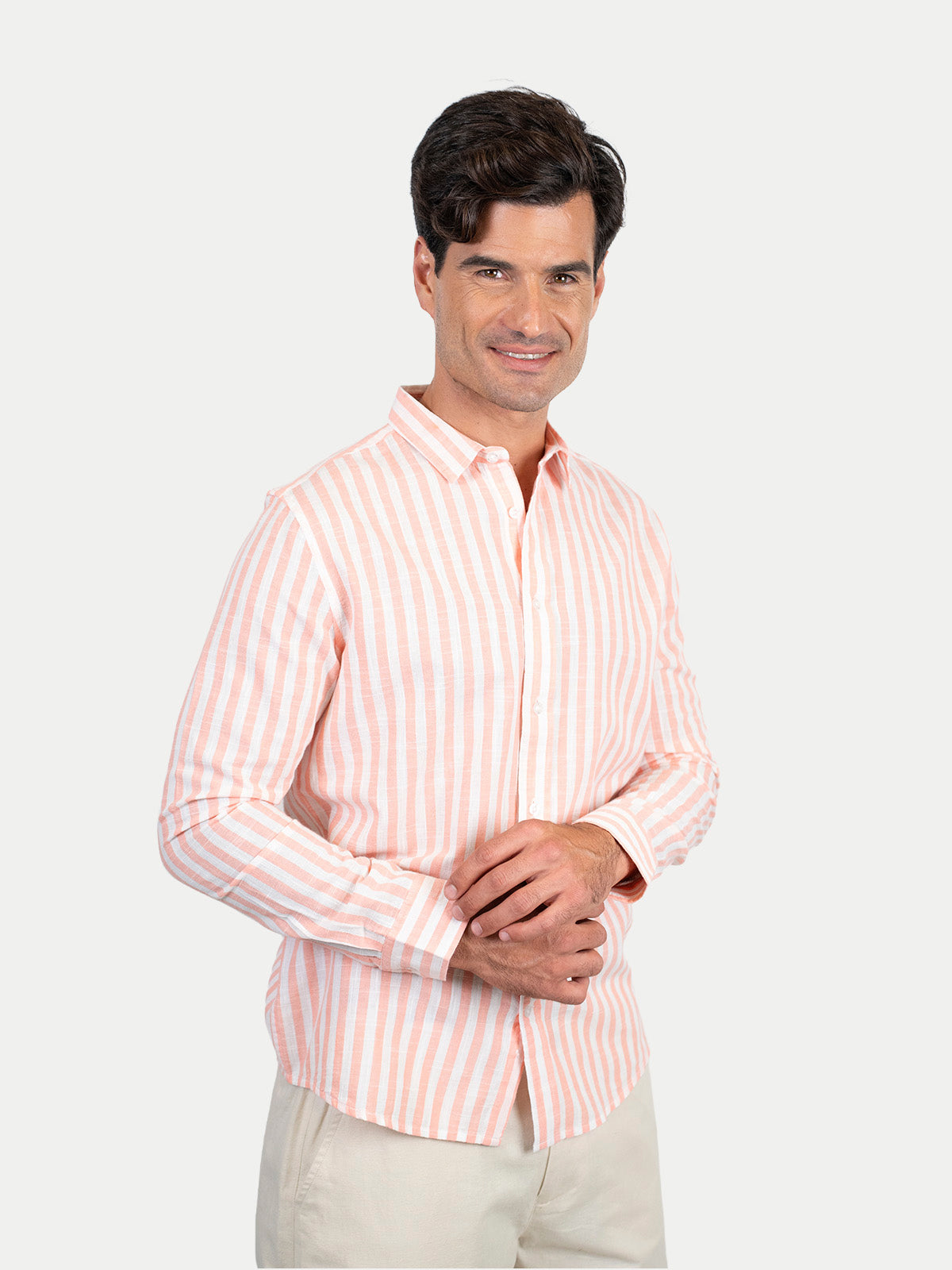 Cotton Slub - Camisa de algodón rayada manga larga Cotton Slub para hombre color Durazno