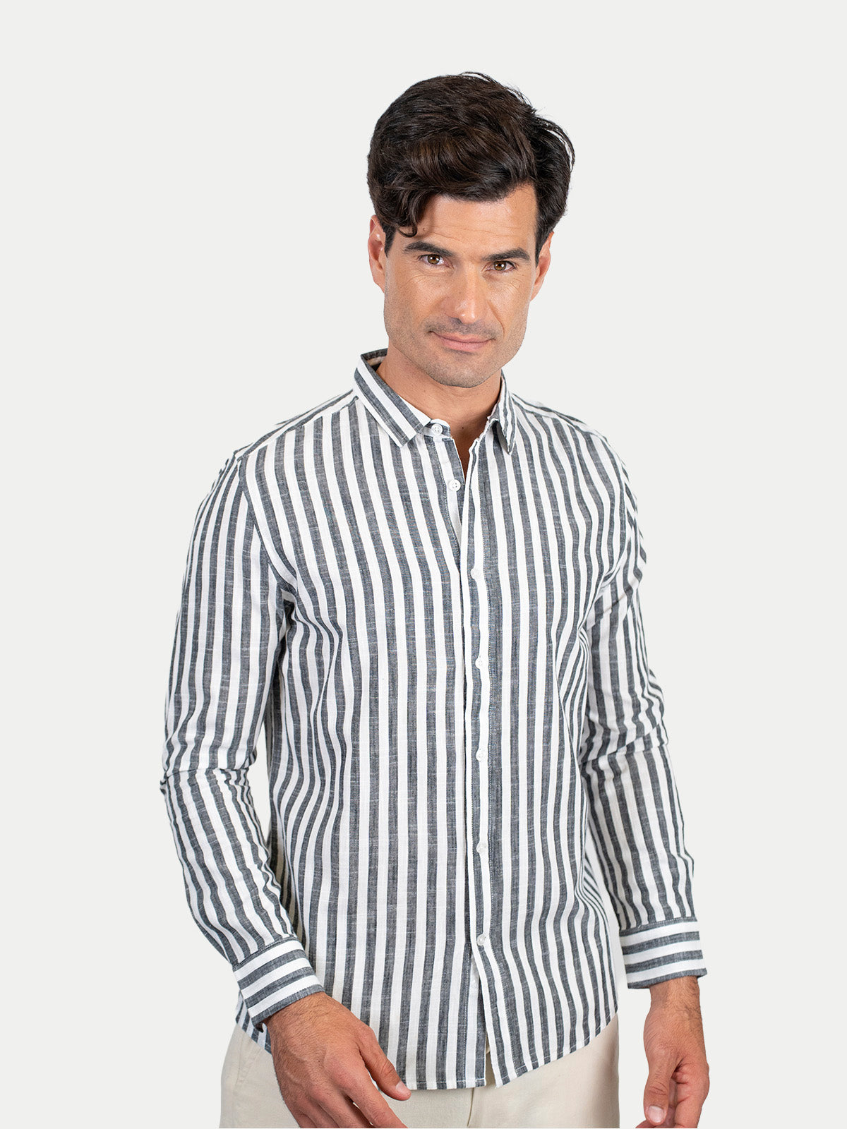 Cotton Slub - Camisa de algodón rayada manga larga Cotton Slub para hombre color Negro