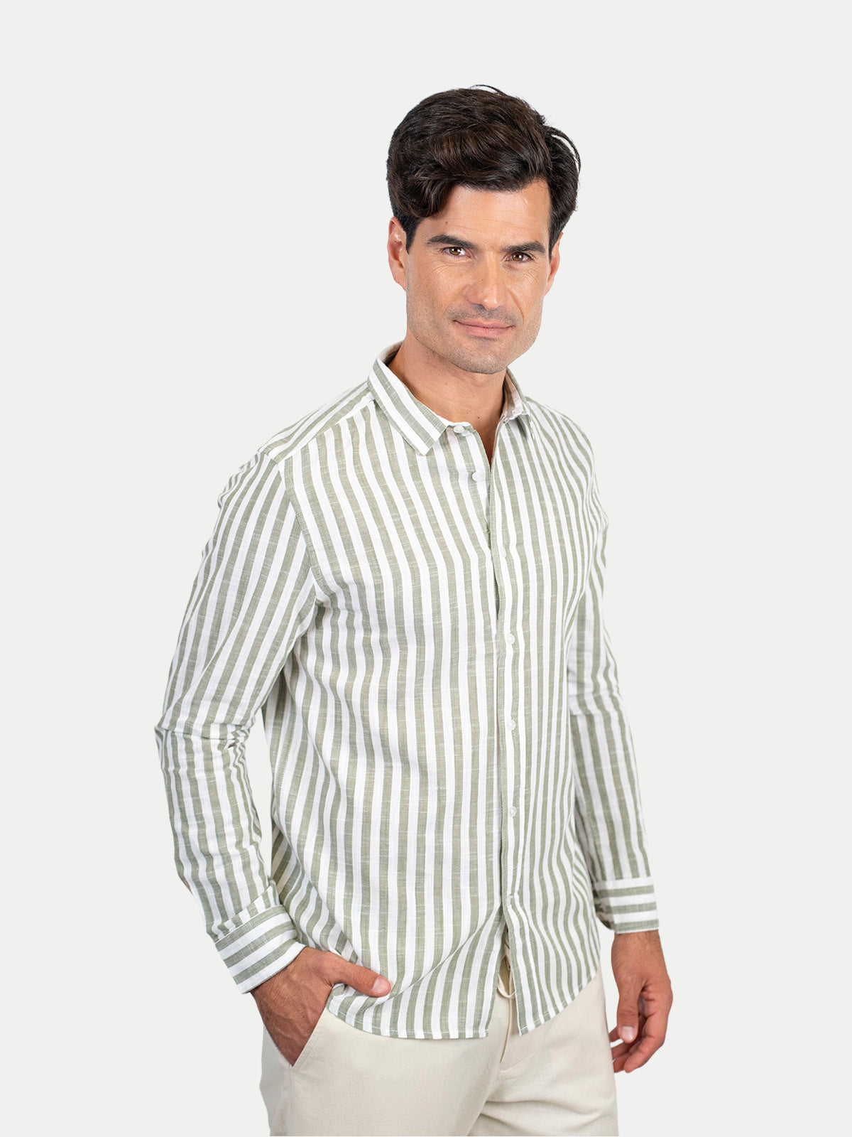 Cotton Slub - Camisa de algodón rayada manga larga Cotton Slub para hombre color Olivo