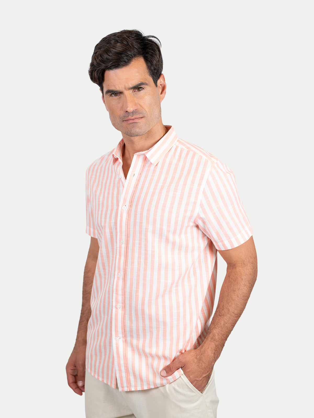 Cotton Slub - Camisa de algodón rayada manga corta Cotton Slub para hombre color Durazno