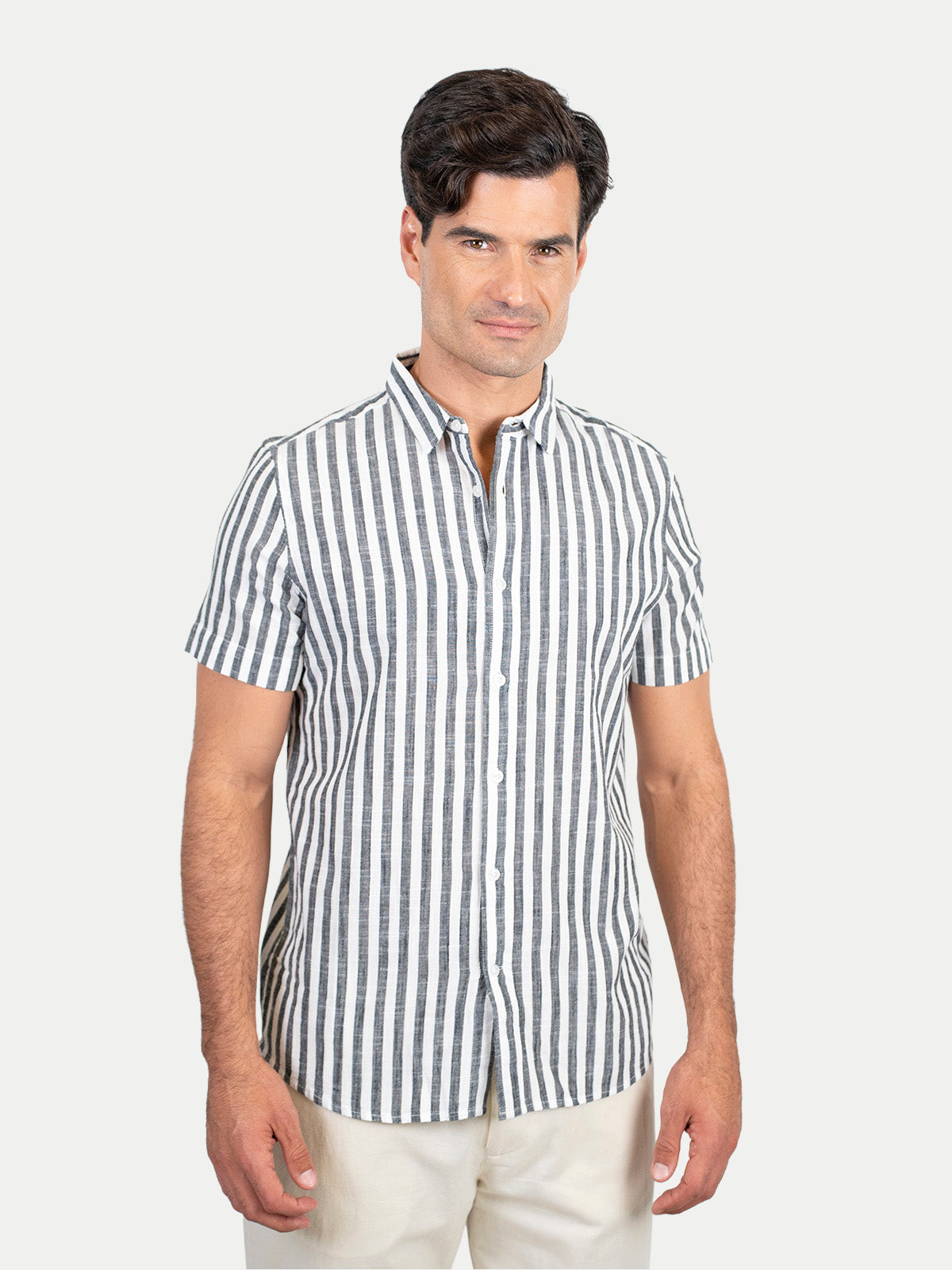 Cotton Slub - Camisa de algodón rayada manga corta Cotton Slub para hombre color Negro