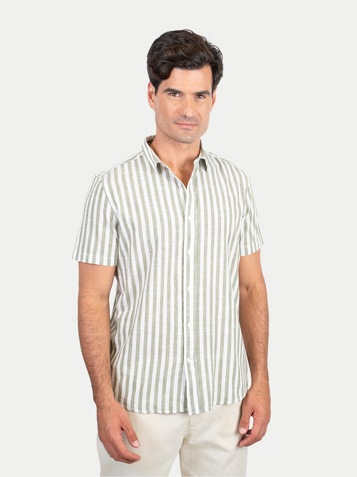 Cotton Slub - Camisa de algodón rayada manga corta Cotton Slub para hombre color Olivo