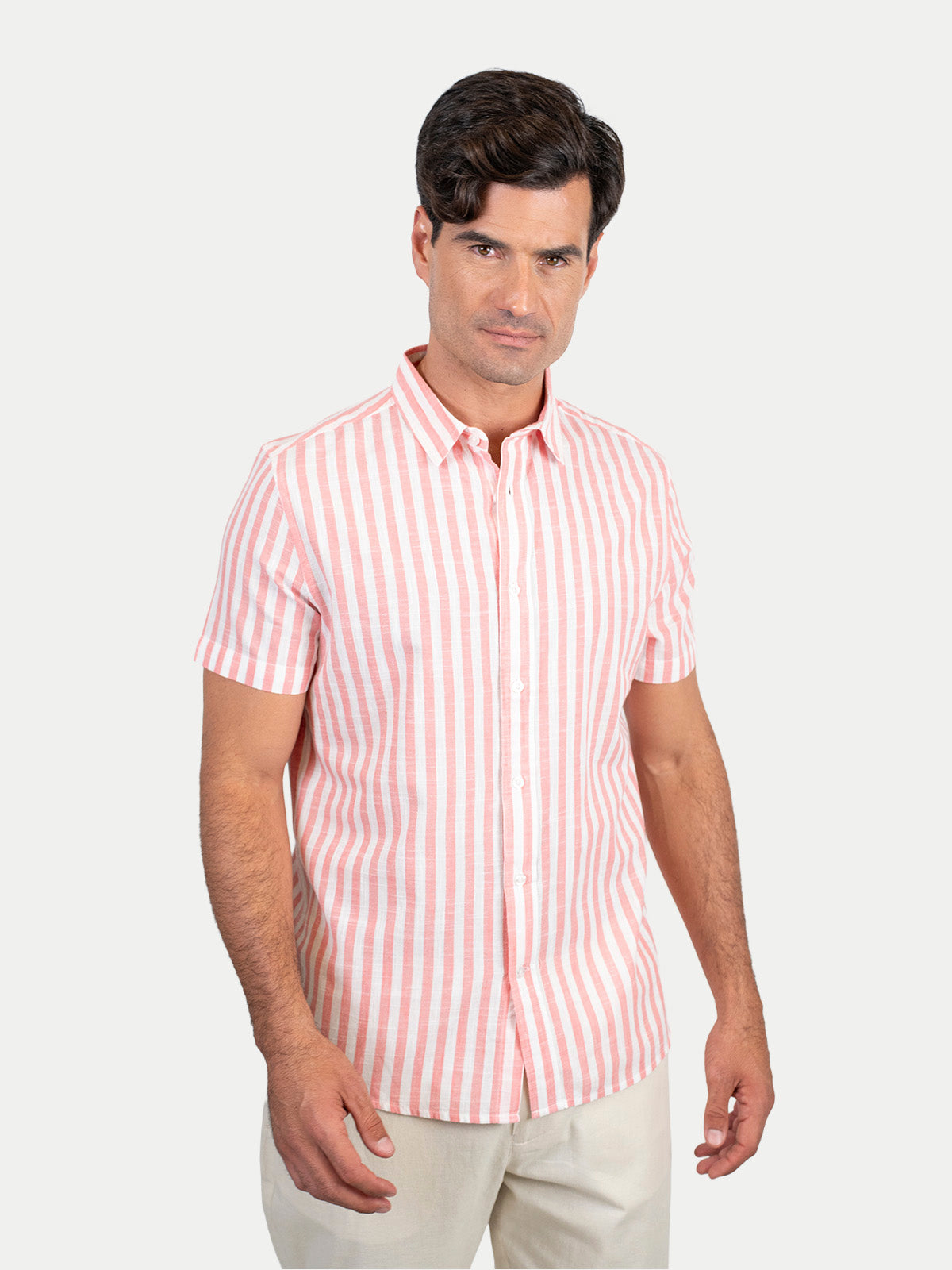 Cotton Slub - Camisa de algodón rayada manga corta Cotton Slub para hombre color Rosa