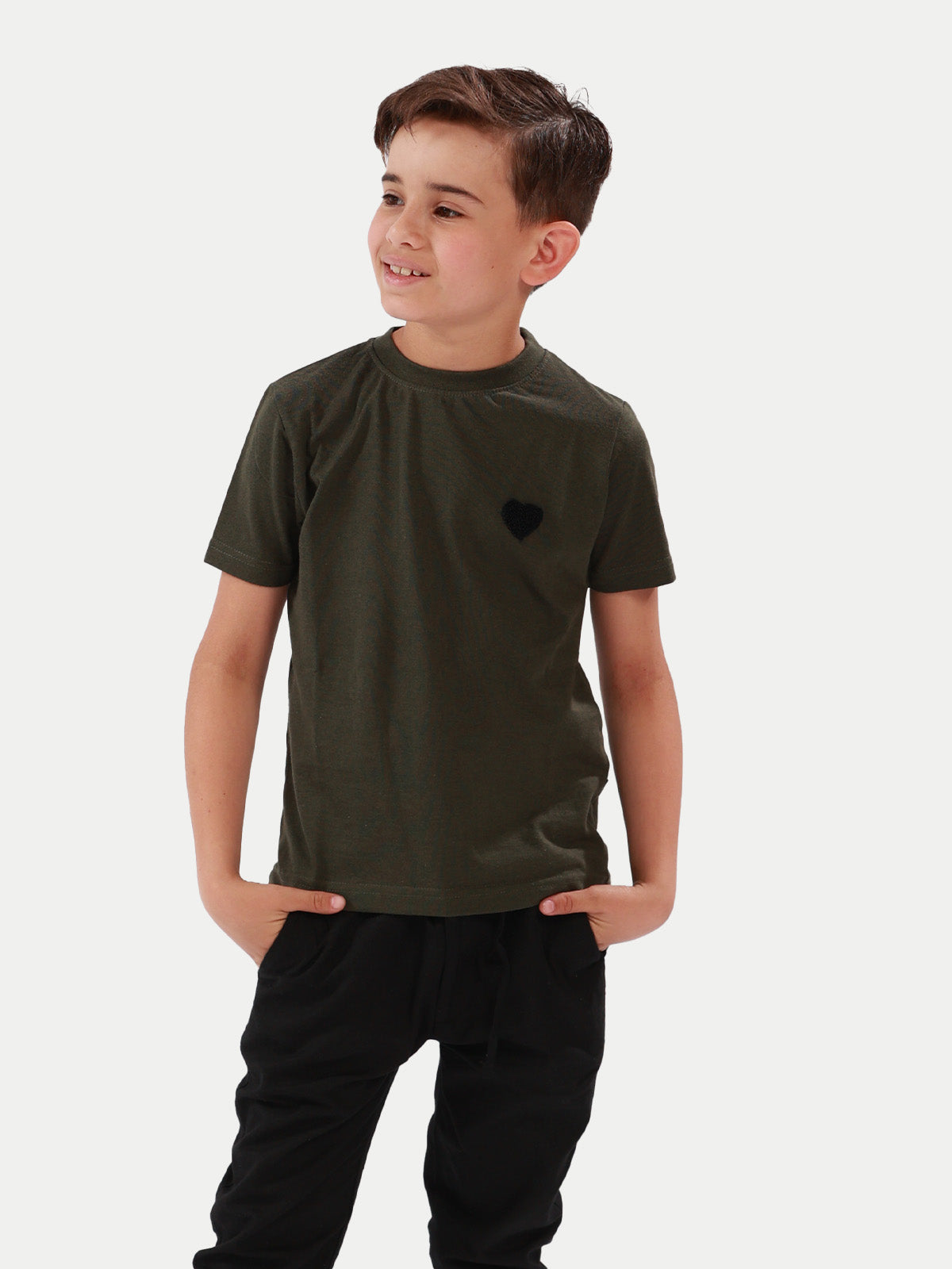 Playera de algodón para niño - Heart Olive - Diamond Finish