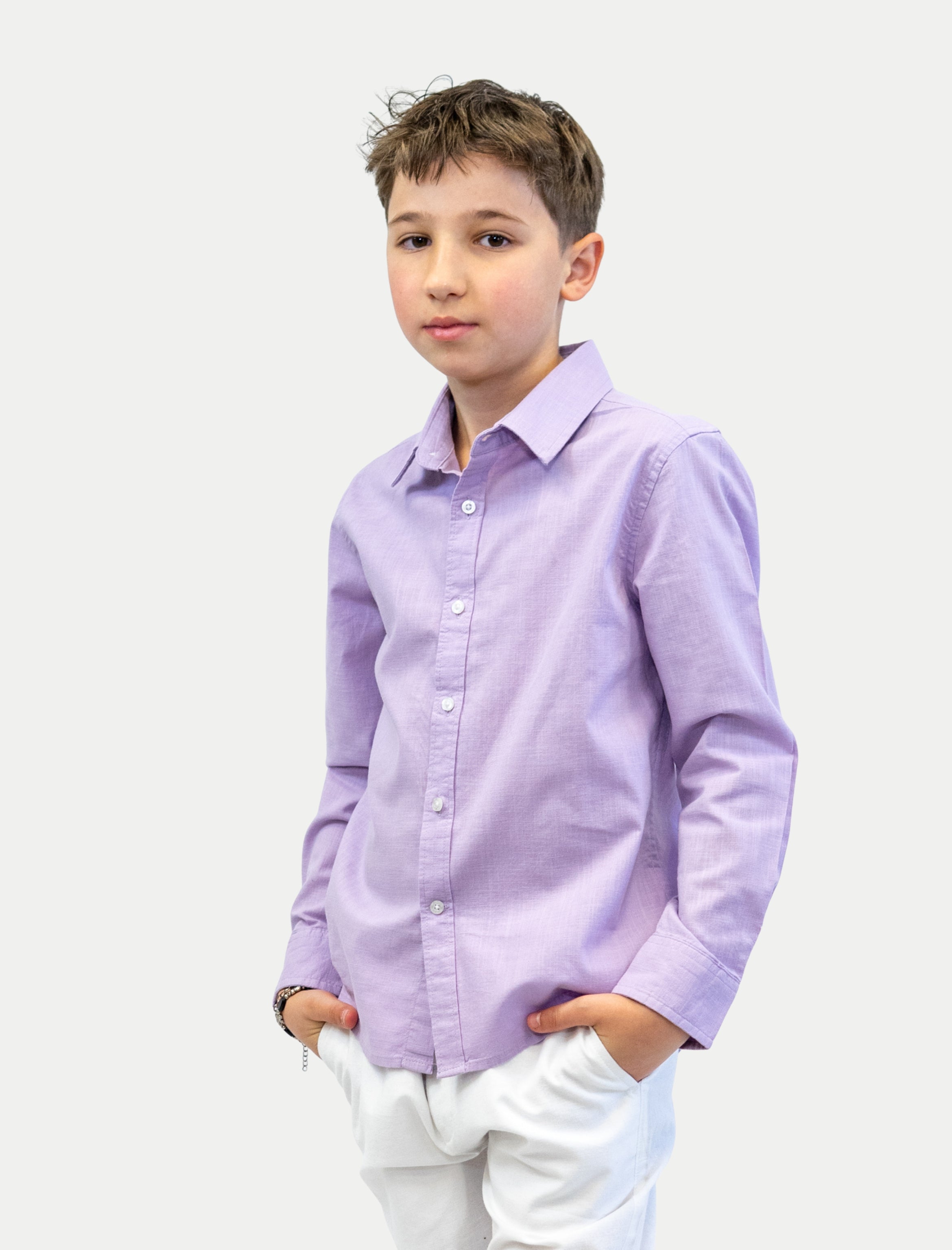 Camisa lila para niño en algodón slub vista de frente