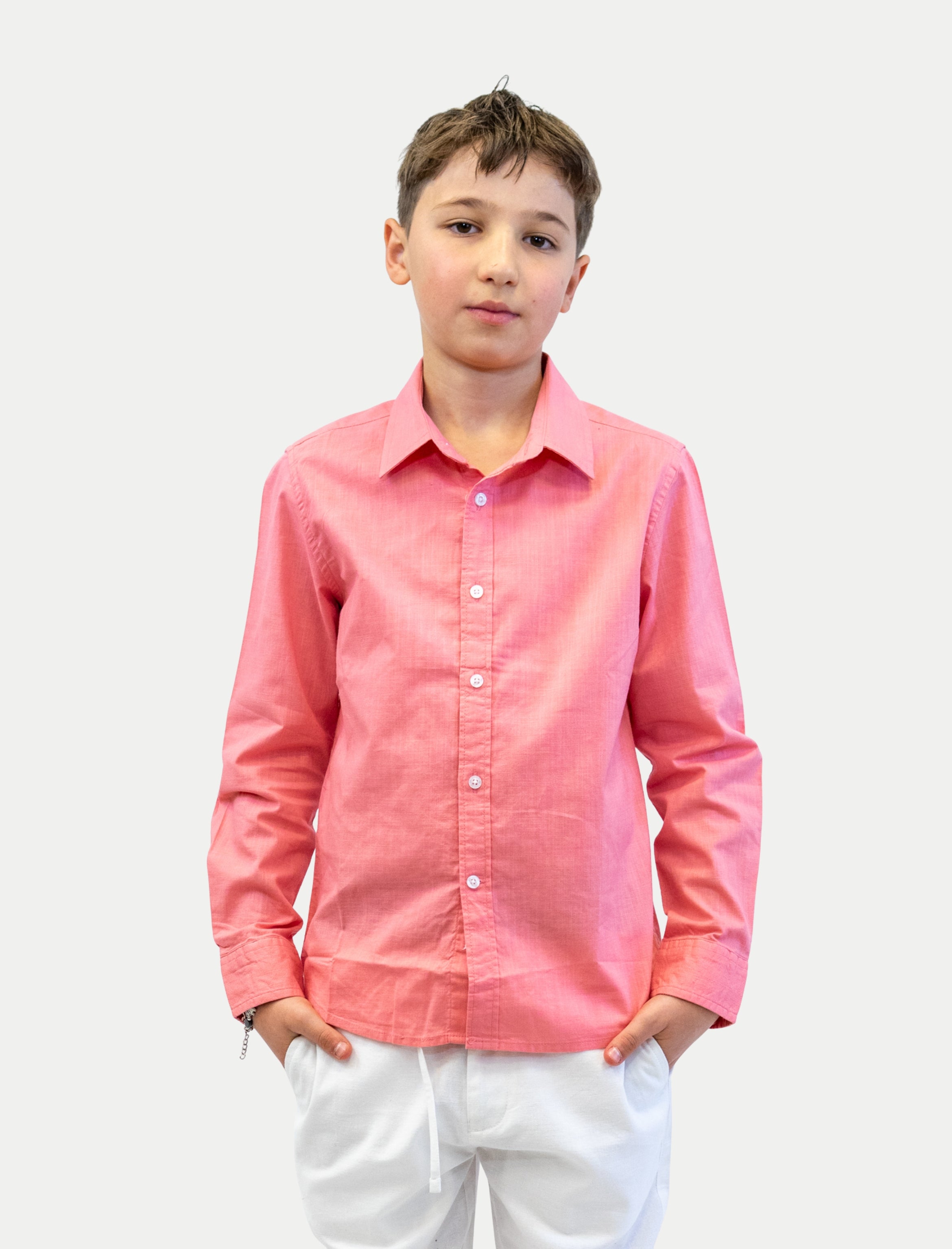 Camisa rosa para niño en algodón slub vista de frente