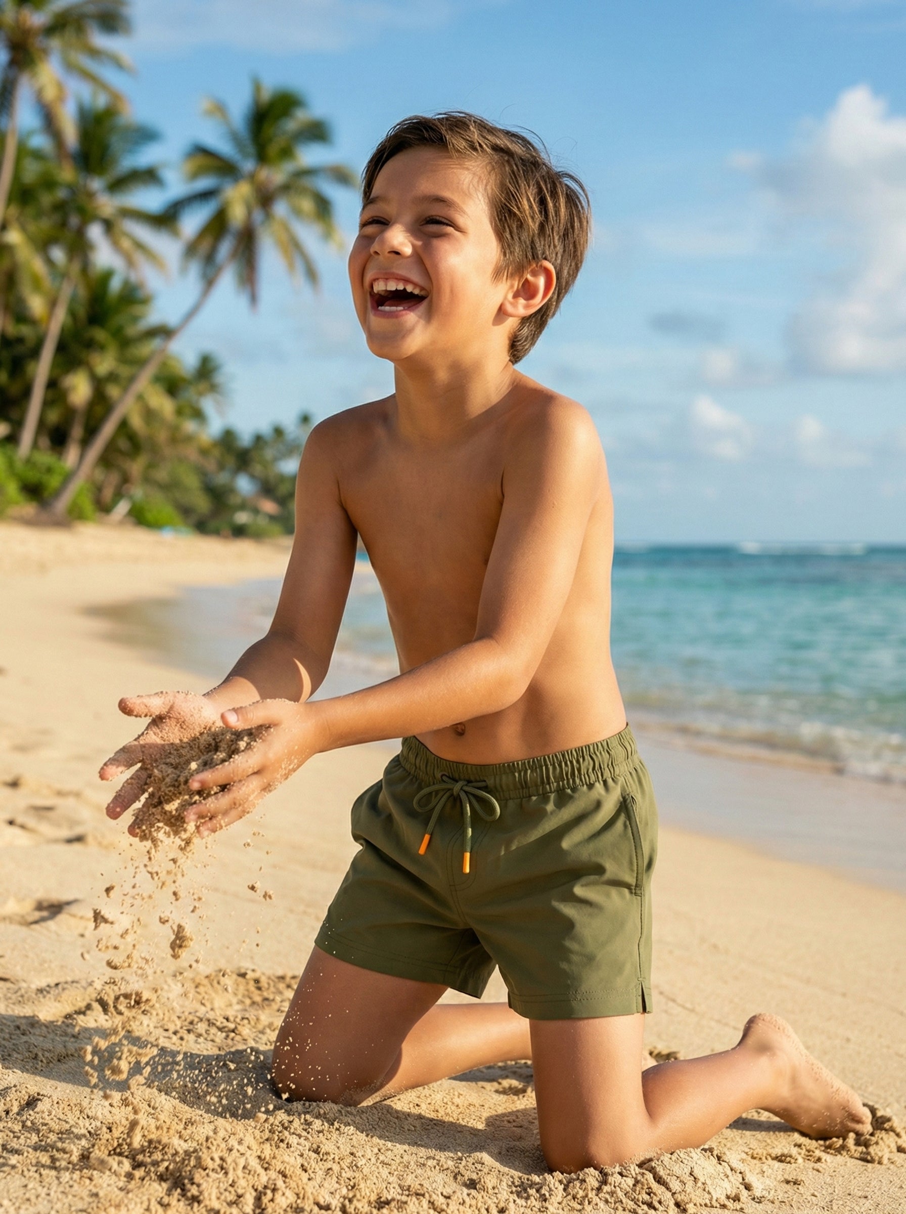 Traje de baño The New Classics para niño olivo, en uso, playa o alberca
