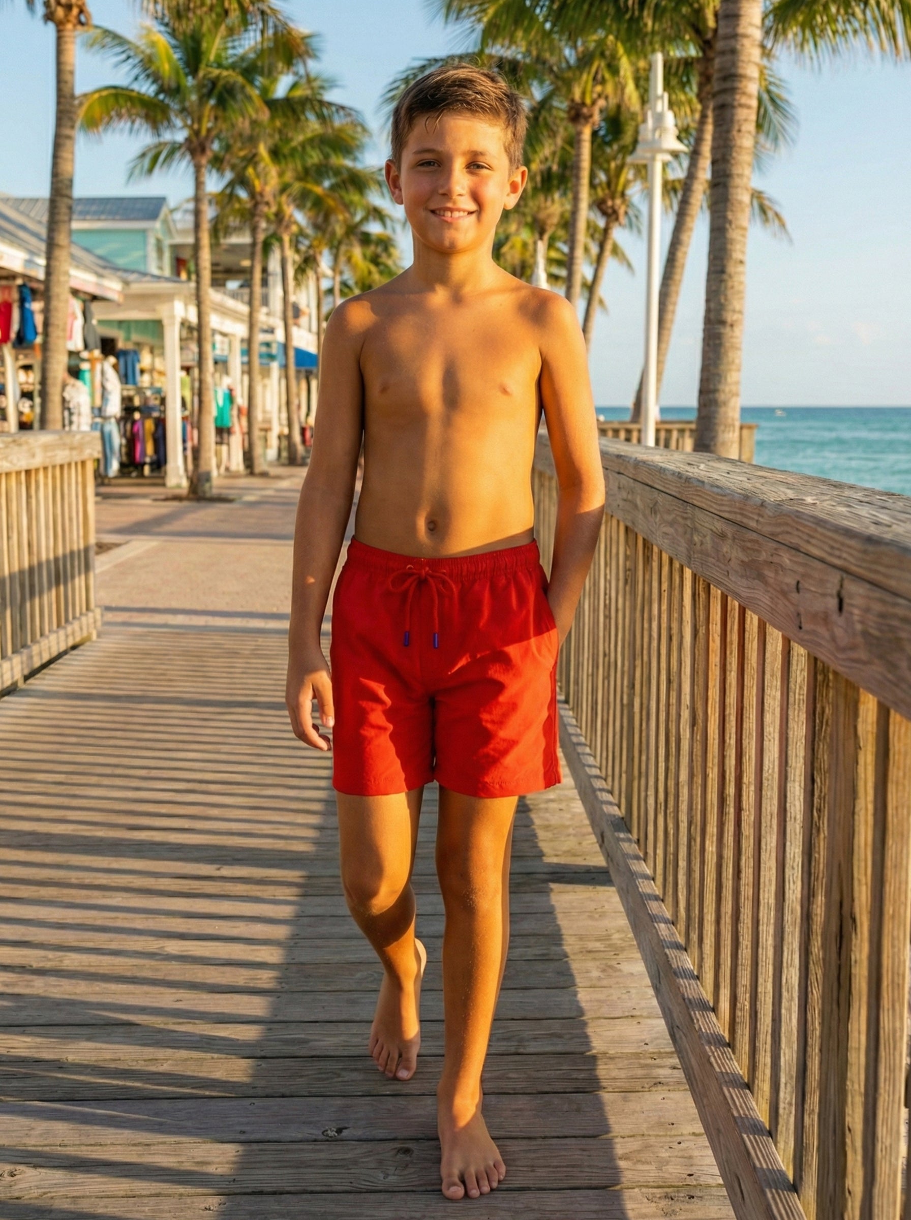 Traje de baño The New Classics para niño rojo, en uso, playa o alberca
