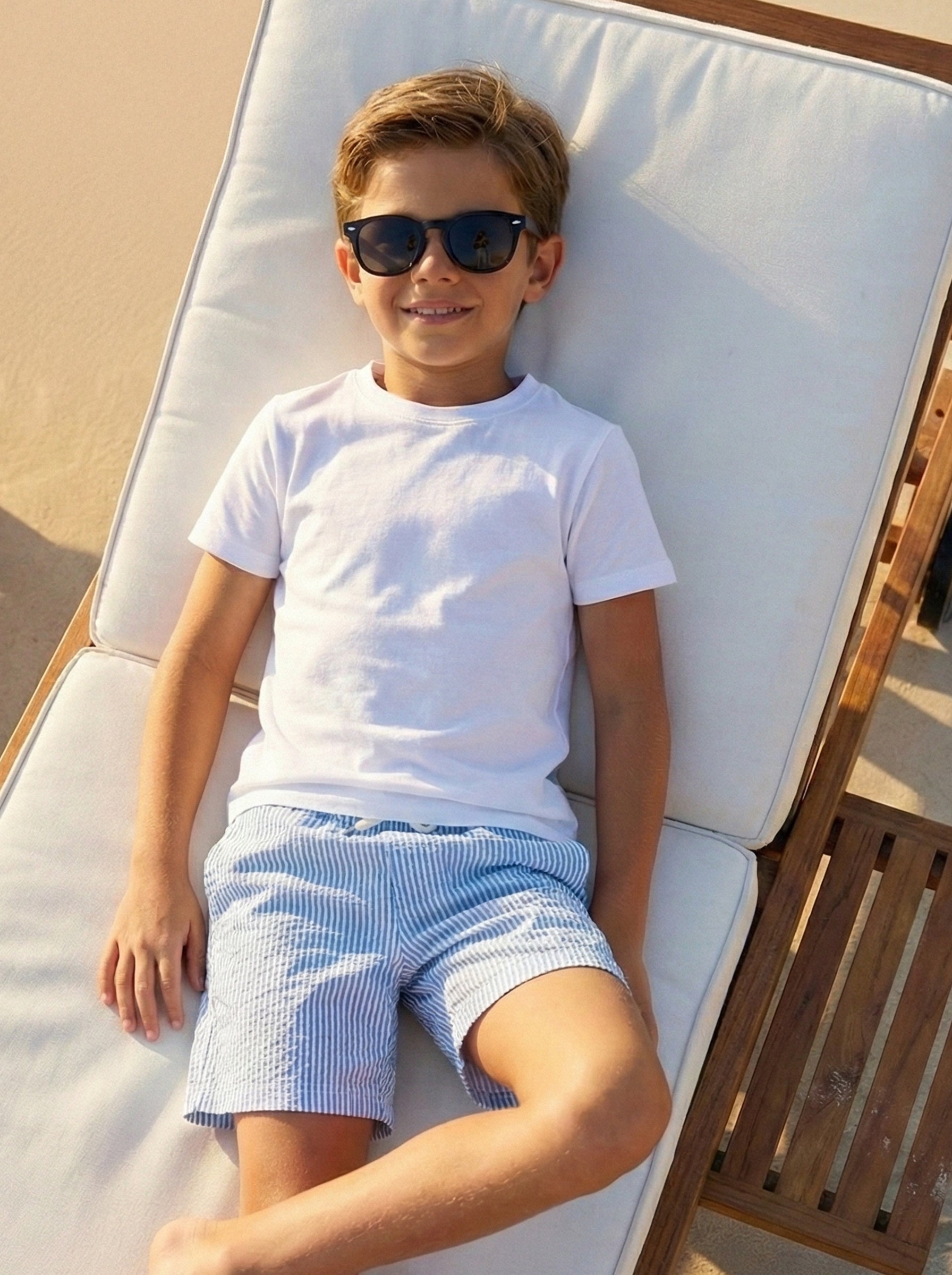 Traje de baño Waterline para niño azul, en uso, playa o alberca
