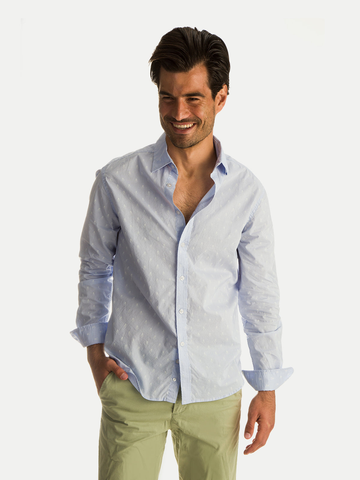 Camisa de Algodón para Hombre - 100% Algodón Blue Bulb Manga Larga