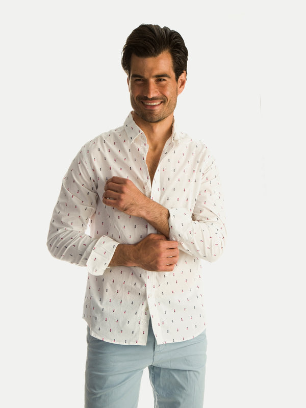 Camisa de Algodón para Hombre - Manga Larga White Pineapple - 100% Algodón
